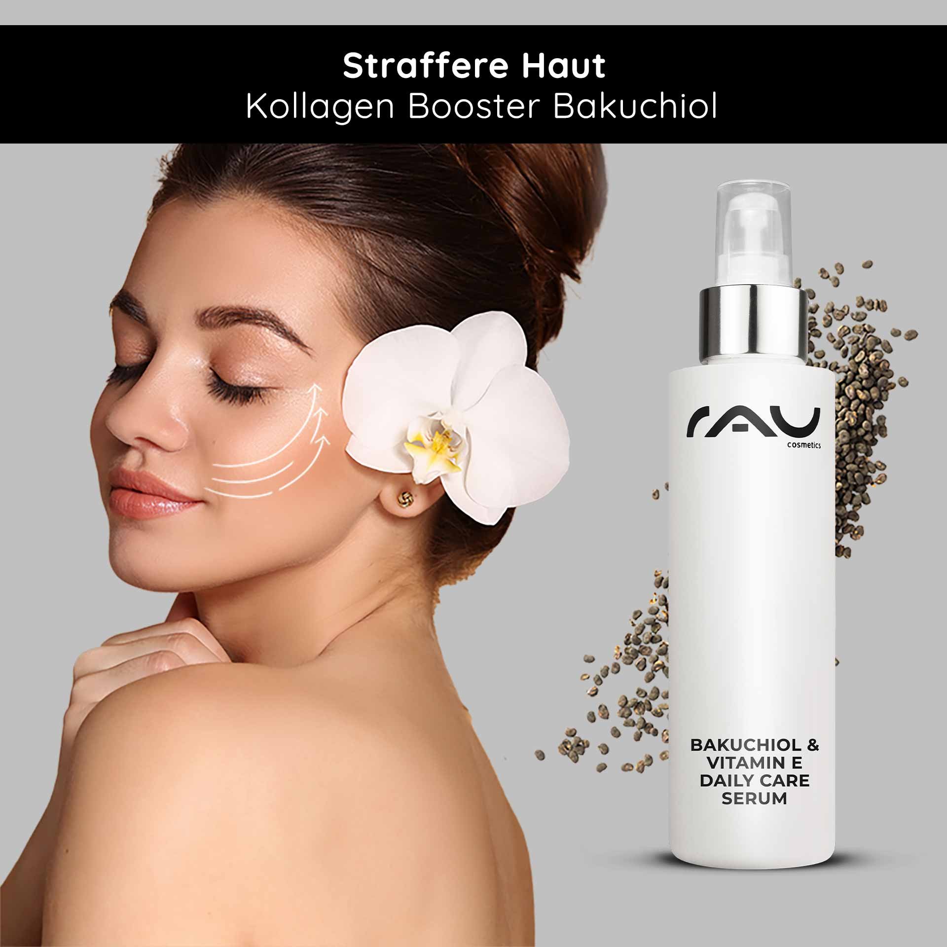 Frau mit blühendem Orchideenhaar und Bakuchiol & Vitamin E Daily Care Serum von RAU Cosmetics, zeigt Anwendungshinweise für straffere Haut und Kollagenboost.