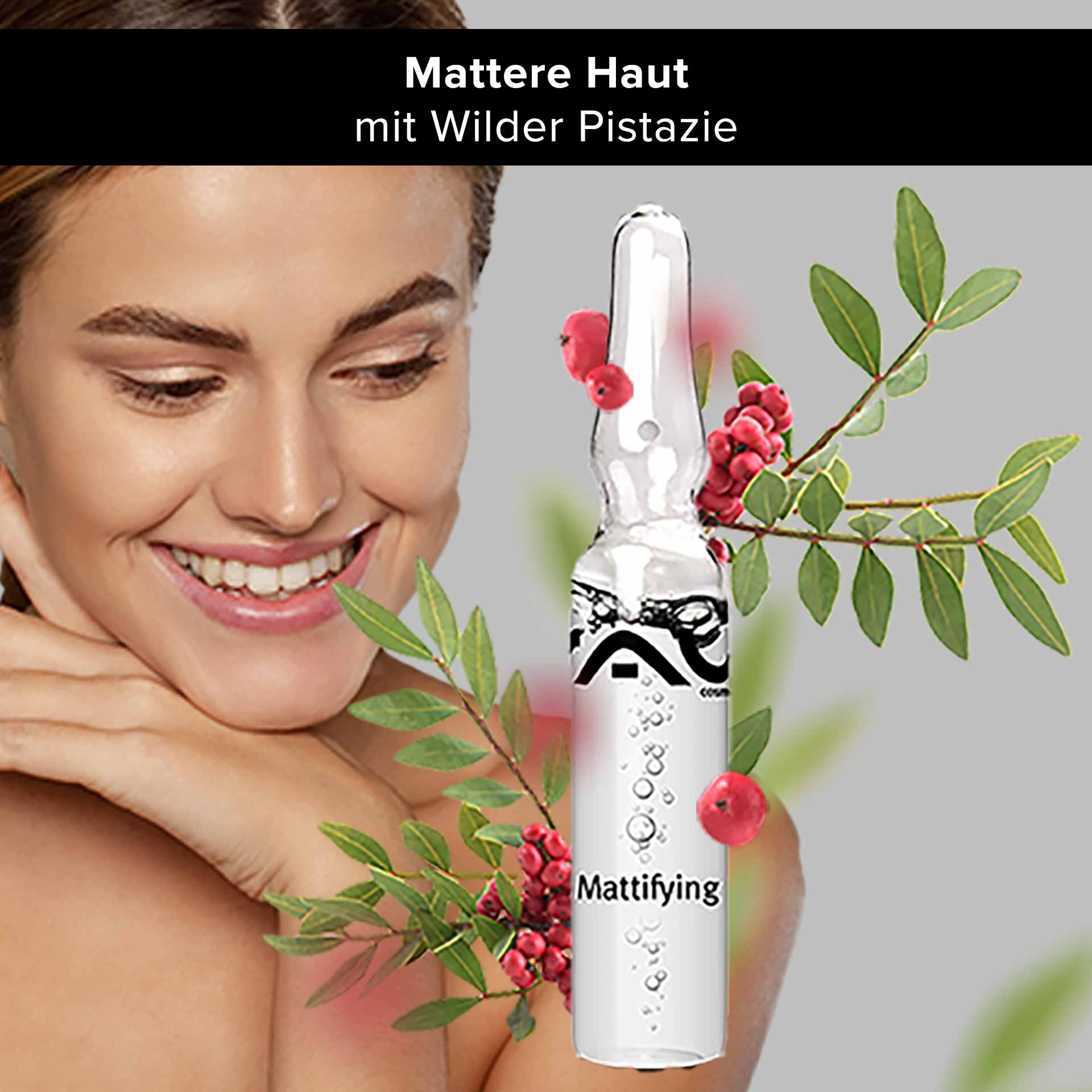 Mattifying Ampoules 10x2 ml Mattifying with Wild Pistachio Mattierende Serumampulle von RAU Cosmetics mit wilder Pistazie, lächelnder Frau, Hautpflegevorteilen, botanischen Elementen.