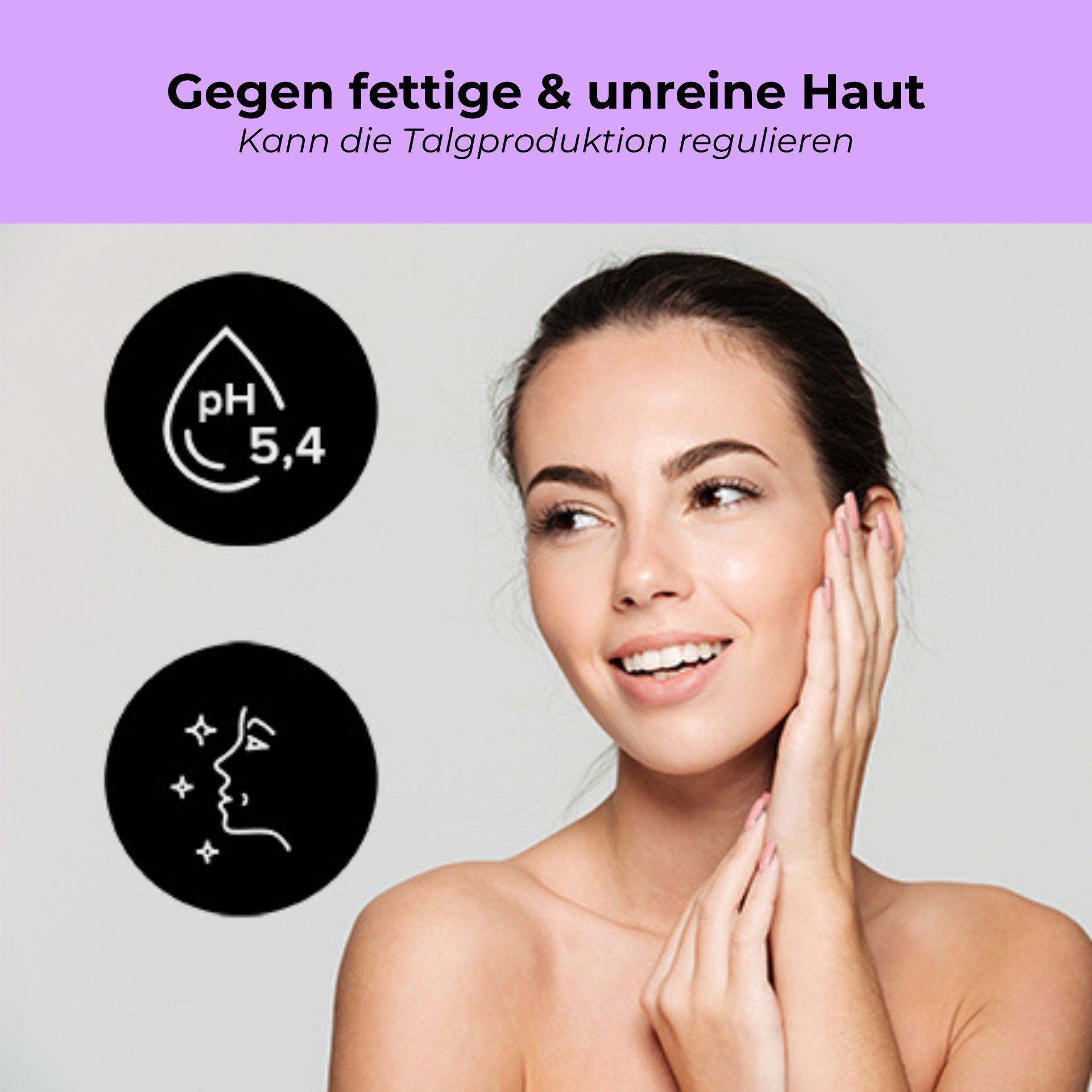 Clear Skin: Portrait of a woman with a well-groomed, mattified complexion after cleansing with the Purifying series.