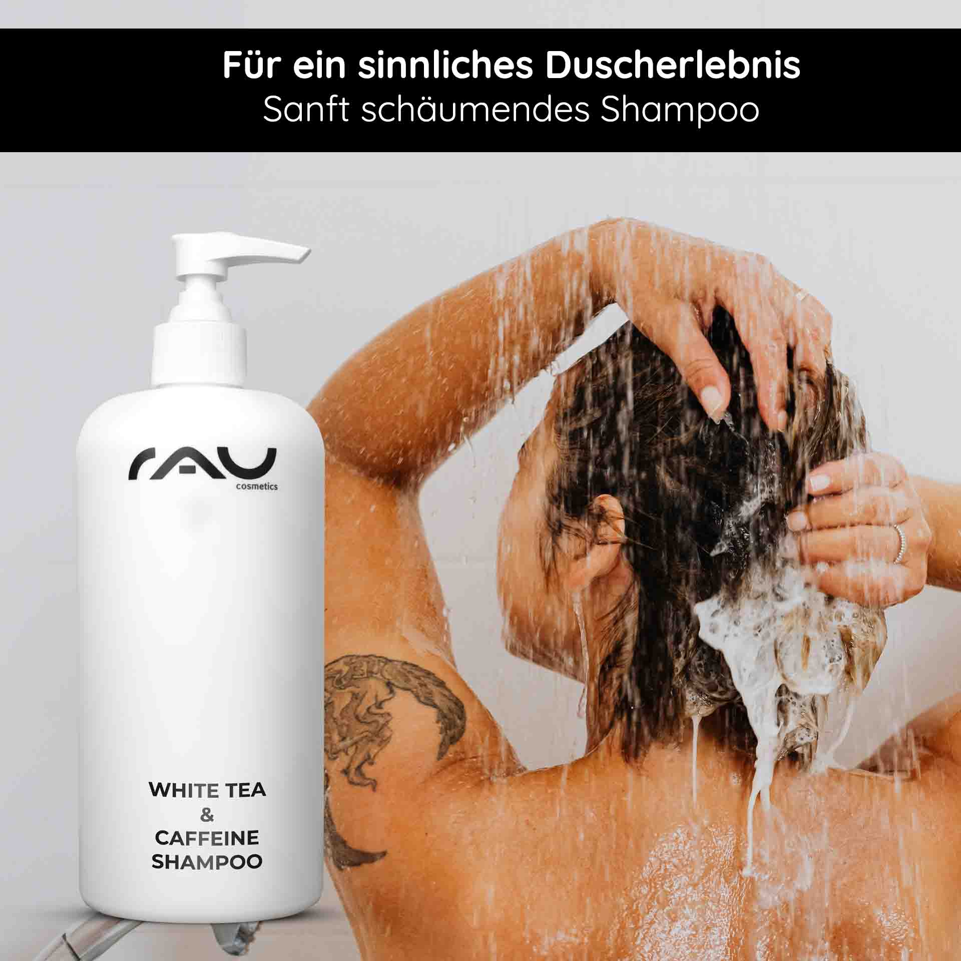 White Tea & Caffeine Hair Shampoo 500 ml  RAU Cosmetics White Tea & Caffeine Hair Shampoo – 500 ml Flasche mit Pumpverschluss, umgeben von weißen Blüten und grünen Blättern, die Frische und Pflege symbolisieren.