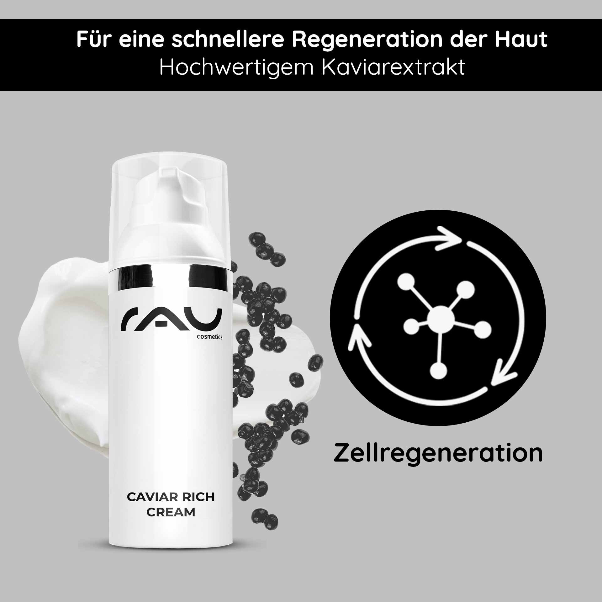 Packaging of RAU Cosmetics Caviar Rich Cream with caviar extract, emphasizing skin regeneration and anti-aging benefits, featuring a cream texture and branding elements.