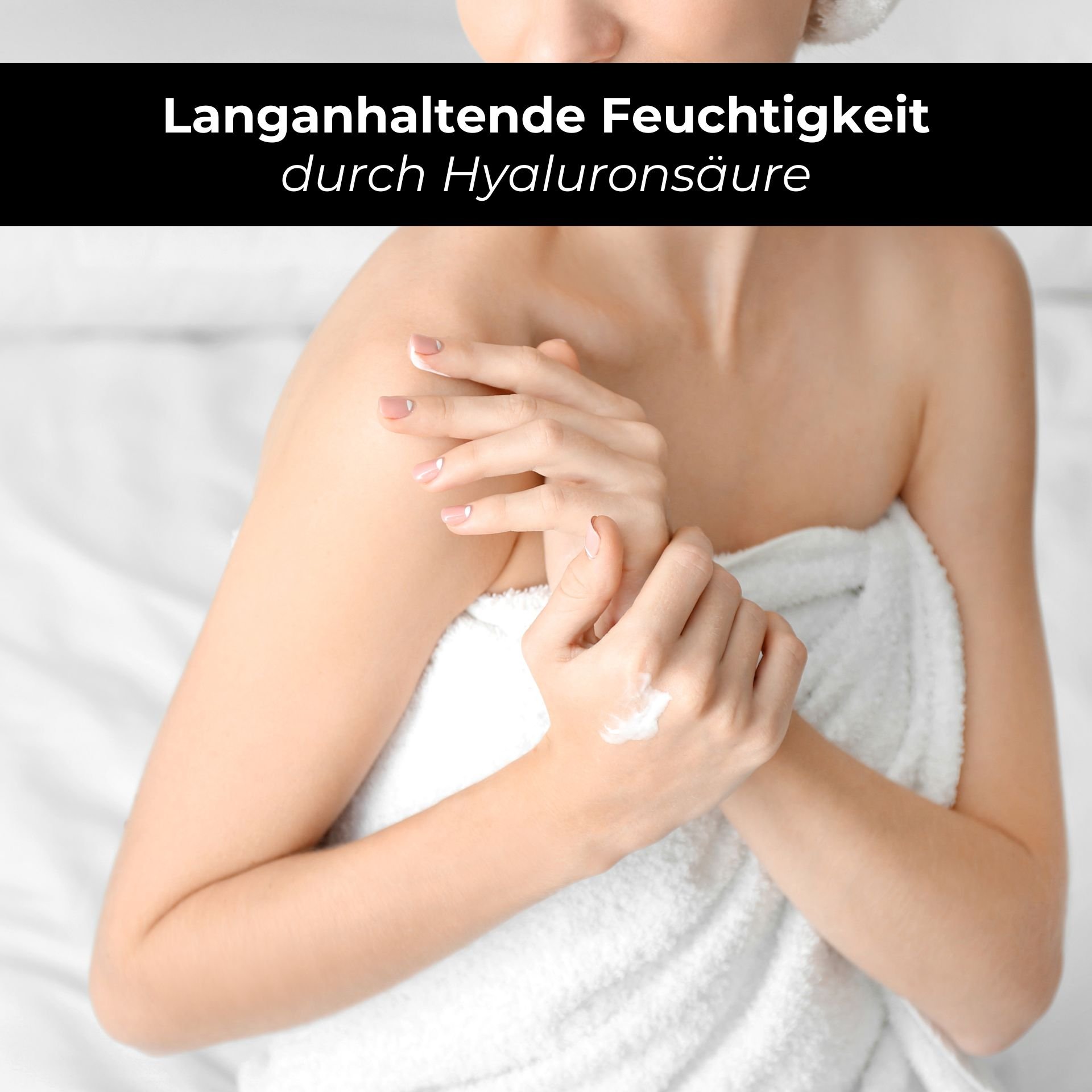 Long-lasting moisture through hyaluronic acid, woman with hand cream on the skin, care for dry skin, RAU Eternal Moist Body Lotion, intensive hydration.