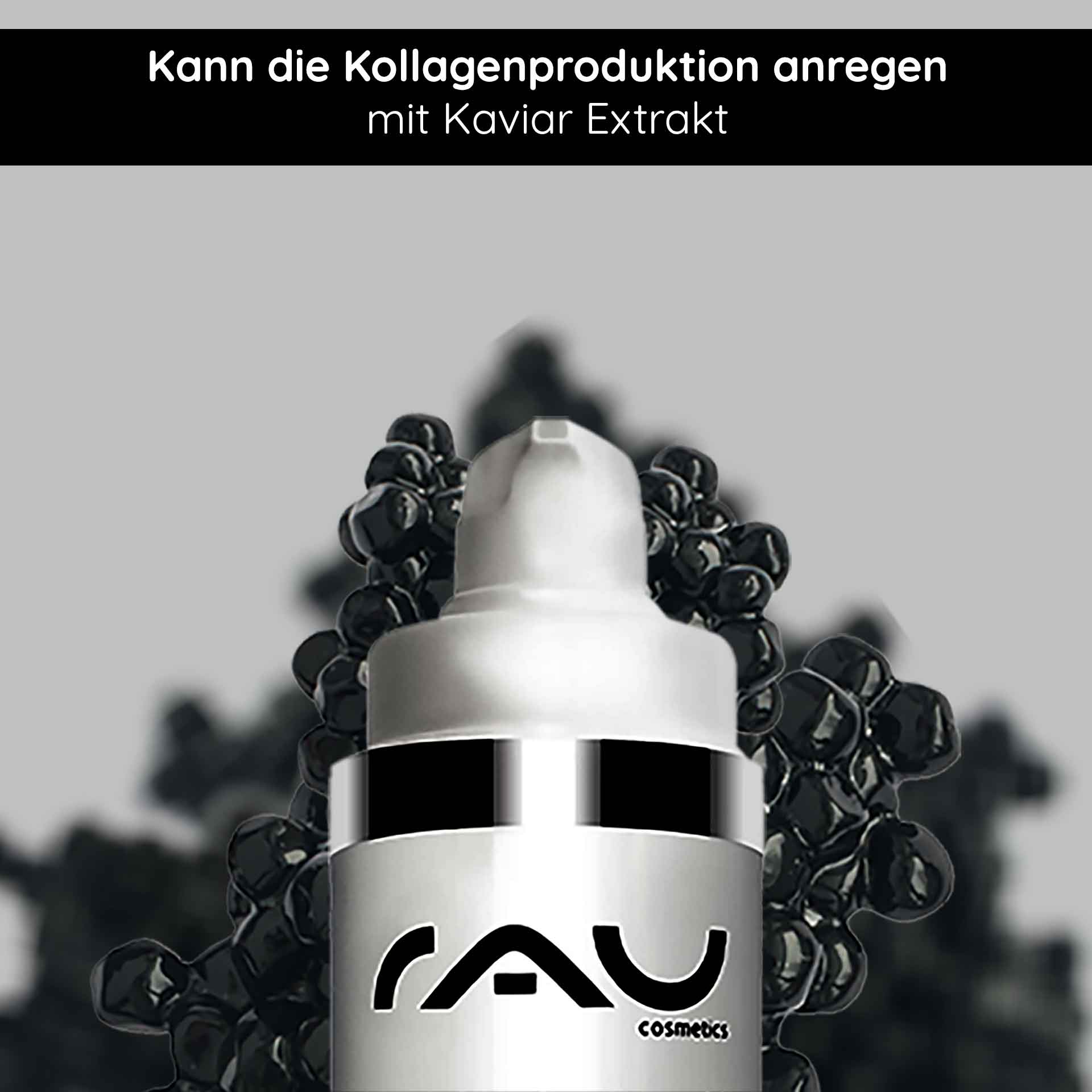 Caviar Eye Cream 15 ml for the mature eye area Flasche der RAU Cosmetics Caviar Eye Cream mit schwarzen Kaviarperlen im Hintergrund, die die Kollagenproduktion fördern.