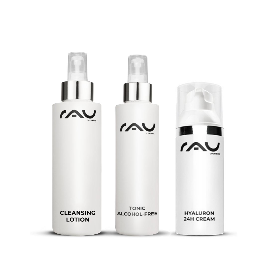 Basic skincare routine for dry skin with gentle cleansing lotion, alcohol-free tonic, and 24h Hyaluron Cream by RAU Cosmetics.