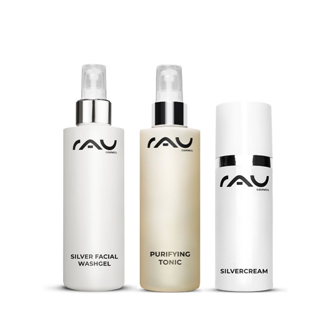 The RAU Cosmetics skincare set with Silver Facial Washgel, Purifying Tonic, and Silvercream was developed for oily and acne-prone skin, focusing on antimicrobial properties and effective cleansing.