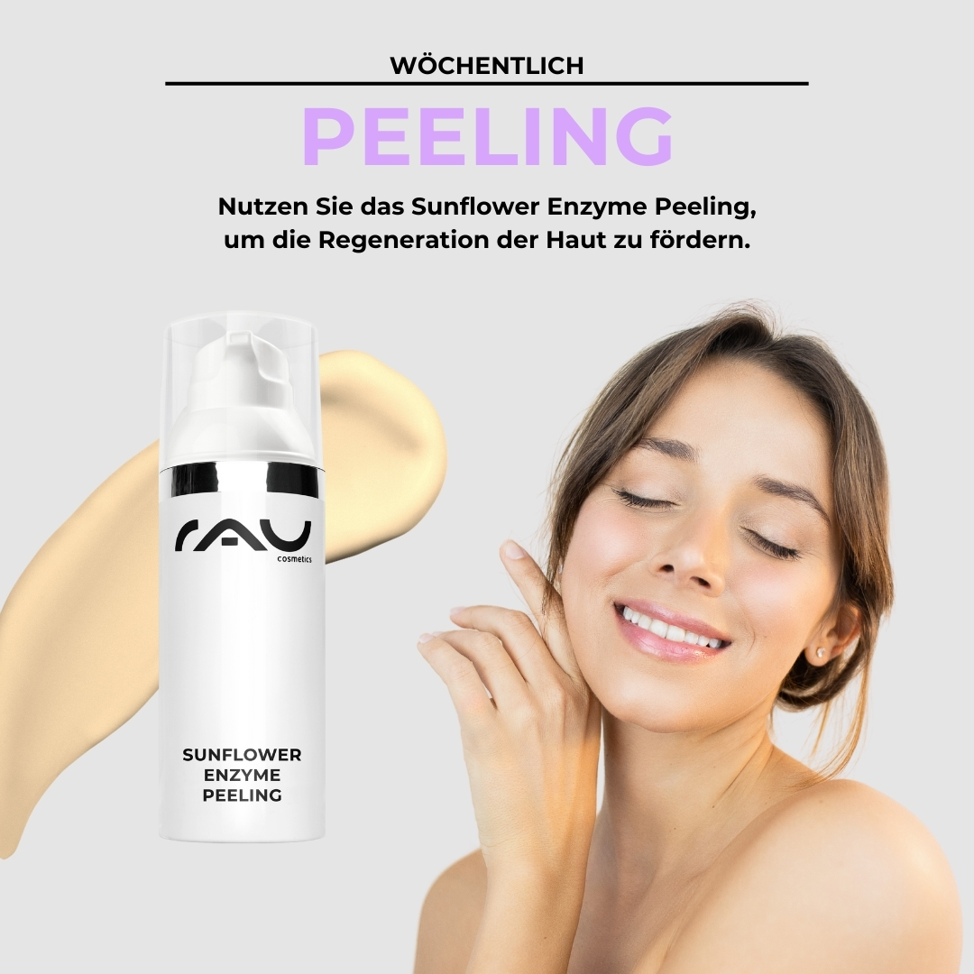Professional care routine for sensitive skin Wöchentliches Peeling für sensible Haut mit RAU Sunflower Enzyme Peeling, Anwendungshinweise und Hautregeneration.