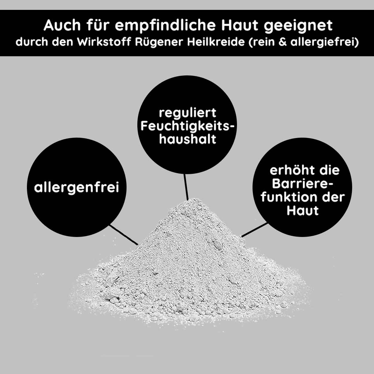 Mineral Mask 200 ml Mattifying Face Mask Mineral mask powder with text highlights: "allergenfrei," "reguliert Feuchtigkeits-haushalt," and "erhöht die Barriere-funktion der Haut," promoting RAU Cosmetics' skincare benefits for sensitive and impure skin.