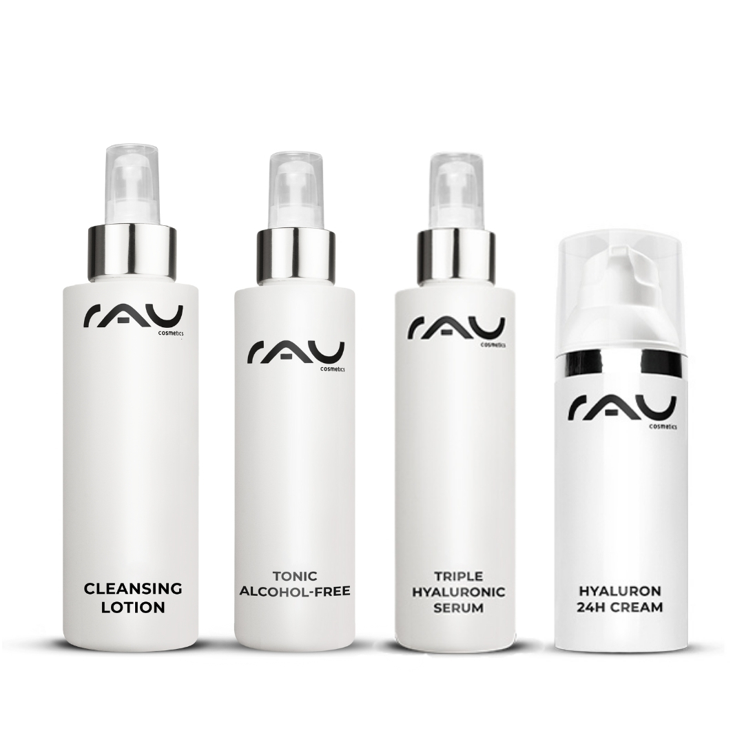 Advanced care routine for dry skin Fortschrittliches Hautpflegeset von RAU Cosmetics mit Reinigungslotion, Tonic ohne Alkohol, 3-fach Hyaluron-Serum und Hyaluron 24h Creme für trockene Haut.
