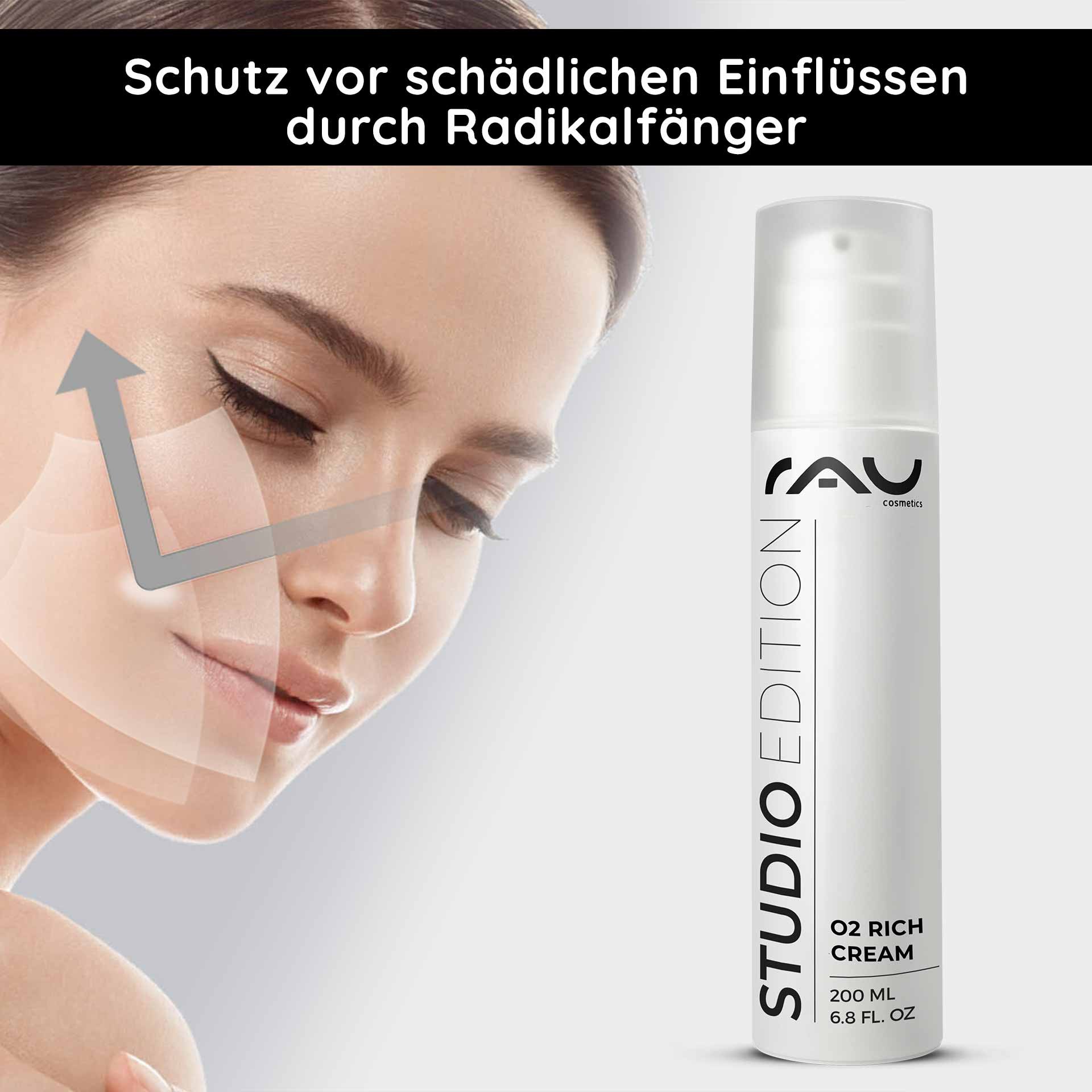 Bottle of RAU Cosmetics O2 Rich Cream with text highlighting protection against harmful influences, model with smooth skin and radiant appearance.
