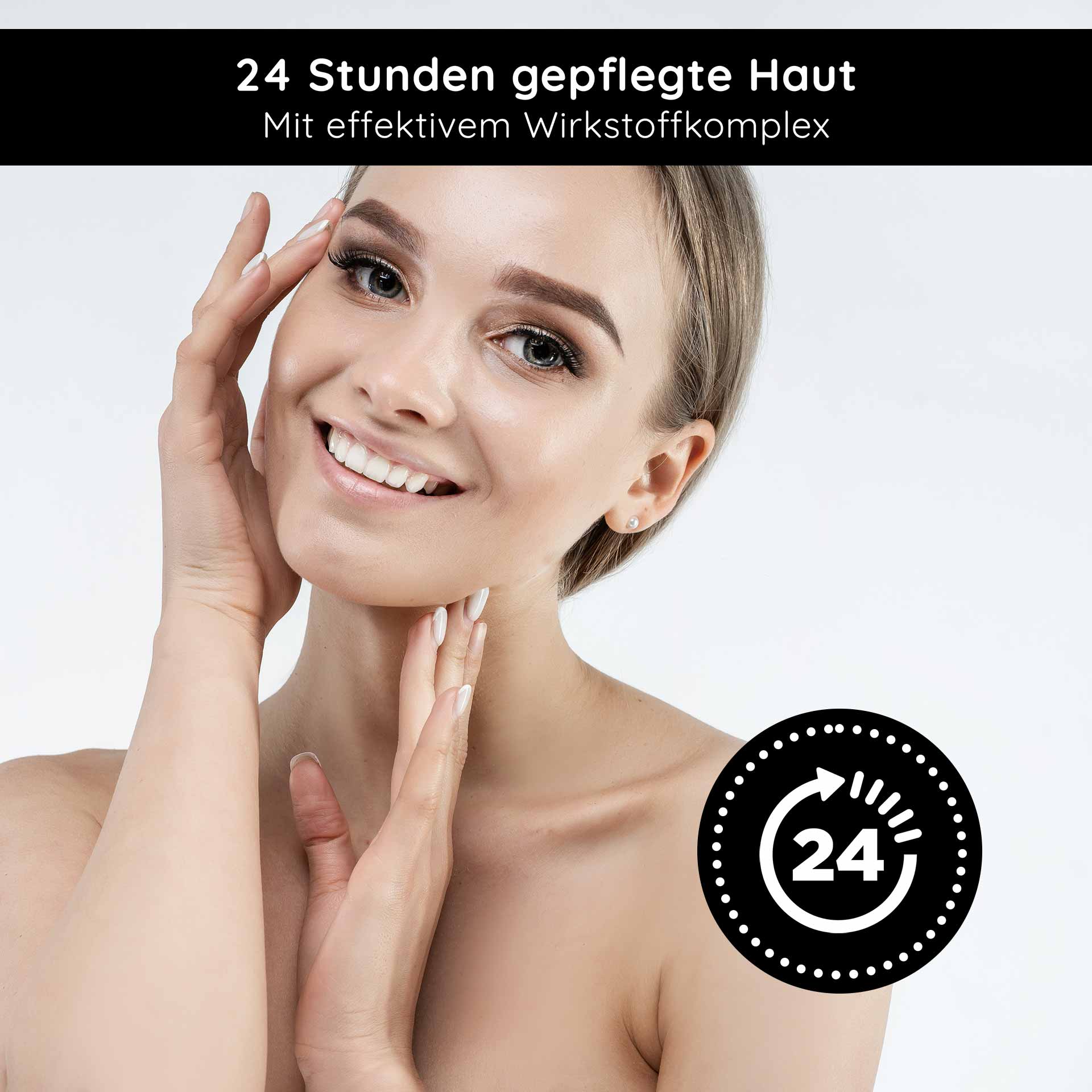 Caviar 24h Cream 200 ml Skin Care with Caviar Extract Frau mit gepflegtem Gesicht und lächelndem Ausdruck, präsentiert 24 Stunden Hautpflege mit effektivem Wirkstoffkomplex, geeignet für RAU Cosmetics Caviar 24h Cream.
