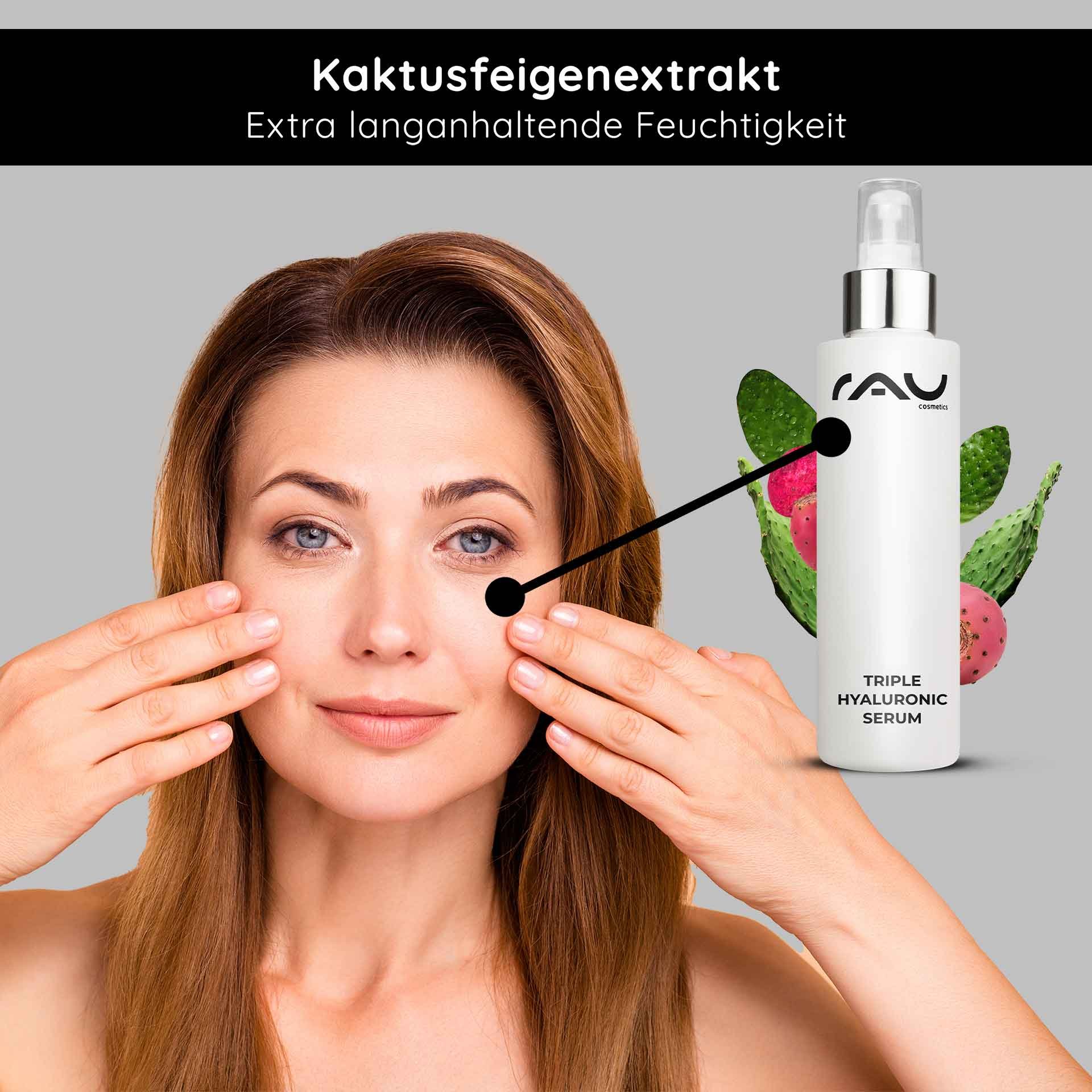 Frau mit glatter Haut und Händen im Gesicht, präsentiert RAU Triple Hyaluronic Serum mit Kaktusfeigenextrakt für intensive Feuchtigkeit.