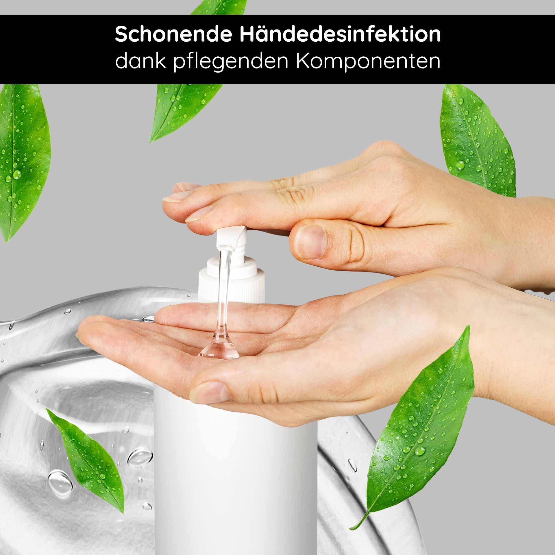 Disinfecting hands with RAU Cosmetics Hand Care Cleansing Gel, gentle care and antibacterial effect, surrounded by green leaves and water drops.
