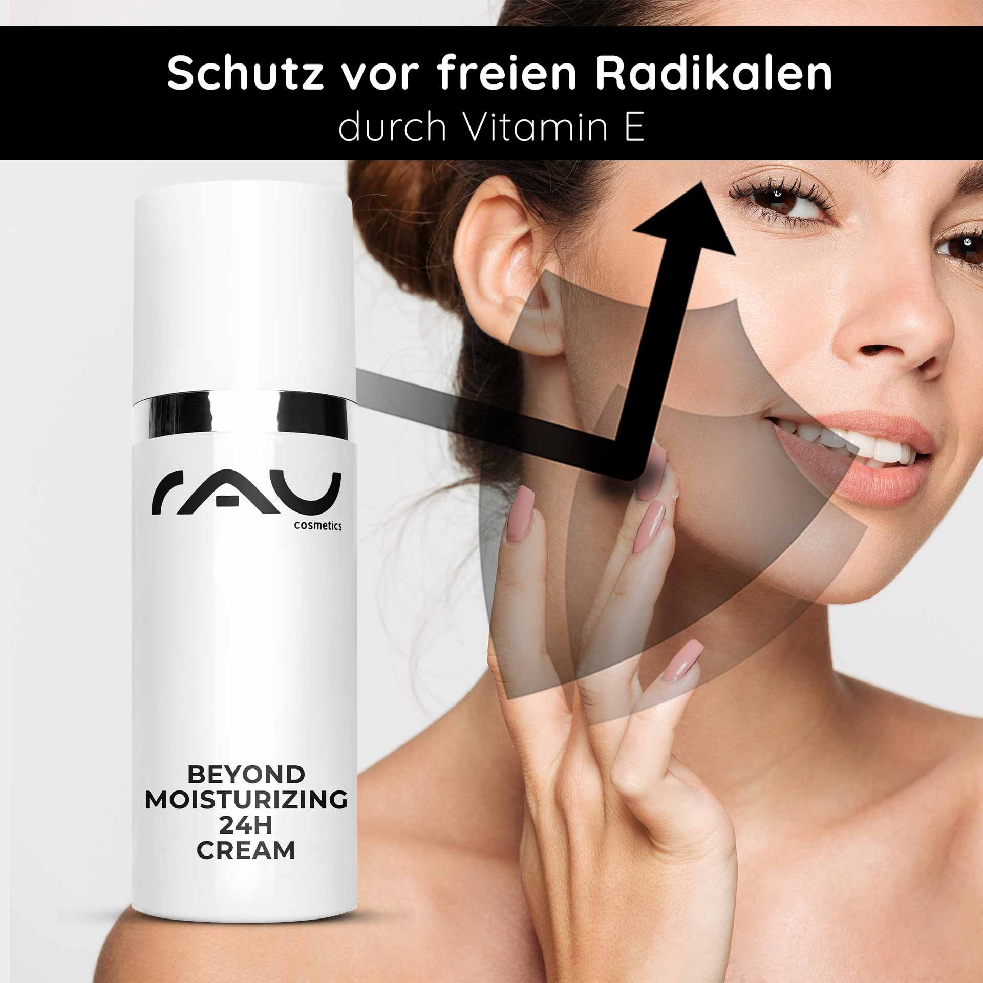 RAU Cosmetics Beyond Moisturizing 24h Cream with Vitamin E, woman applying cream to face, skincare focus, protection against free radicals.