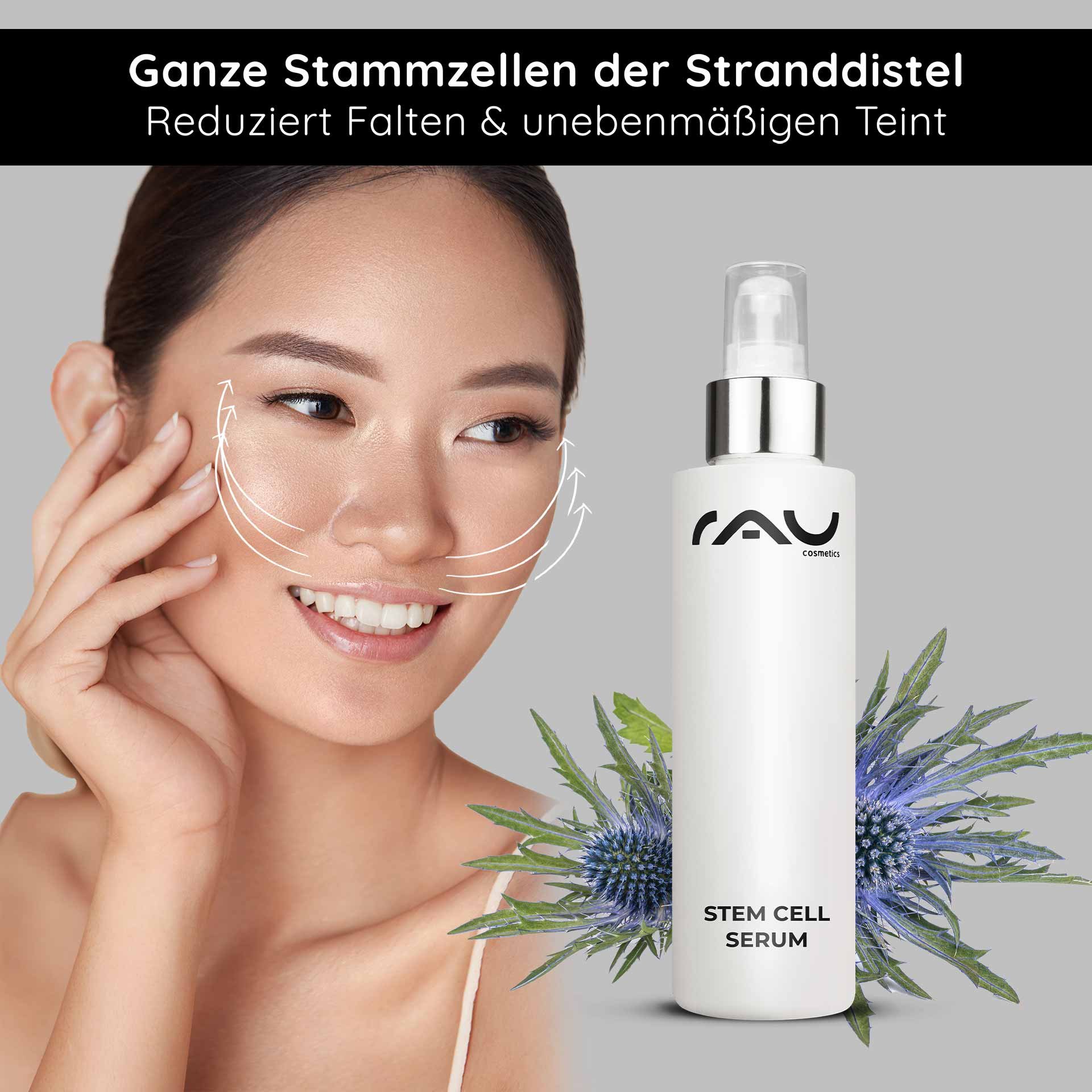 A bottle of "RAU Cosmetics Stem Cell Serum" next to a smiling woman applying serum to her face, highlighting anti-aging benefits and wrinkle reduction with plant stem cells.