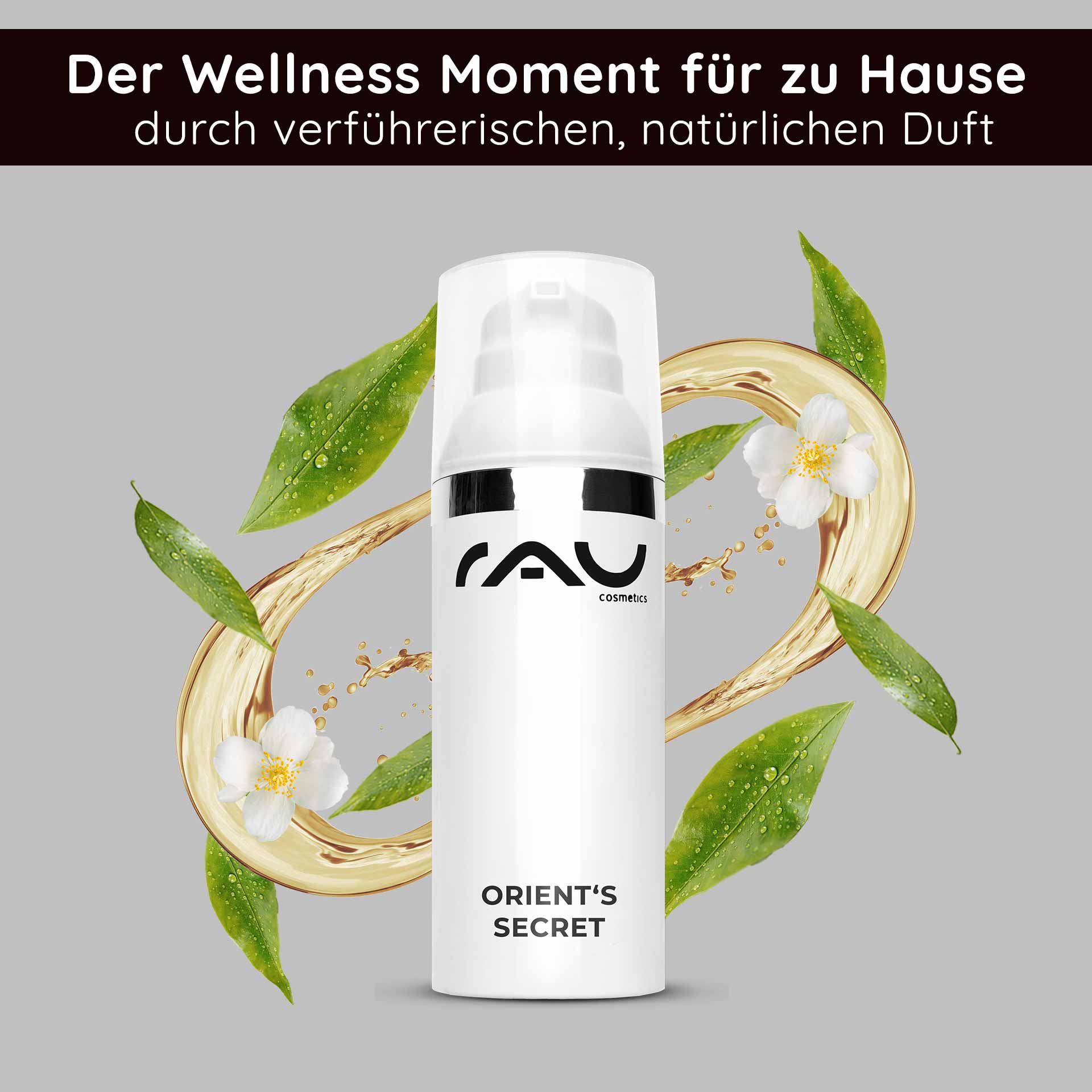 Orient's Secret 50 ml with Amethyst Powder Flasche der Gesichtscreme Orient‘s Secret von RAU Cosmetics mit Blumen- und Blattelementen, die die natürlichen Inhaltsstoffe und die feuchtigkeitsspendende Wirkung hervorhebt.