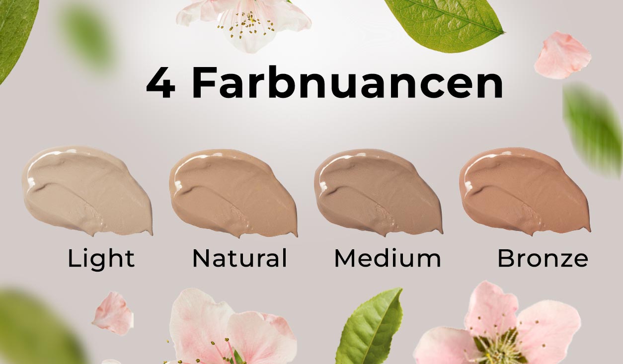 rau-cosmetics-bb-cream-getoente-tagescreme-gesichtspflege-hautpflege-foundation-makeup-pflegend-06 4 Farbnuancen von RAU Cosmetics BB Cream: Light, Natural, Medium, Bronze, umgeben von Blüten und Blättern, betont die vielseitige Anwendung und Hautpflegeeigenschaften.