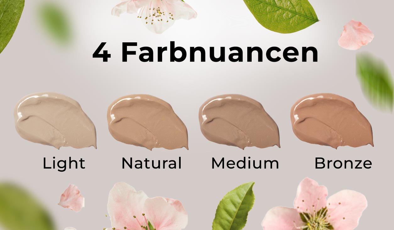 4 Farbnuancen von RAU Cosmetics BB Cream: Light, Natural, Medium, Bronze, umgeben von Blüten und Blättern, betont die vielseitige Anwendung und Hautpflegeeigenschaften.