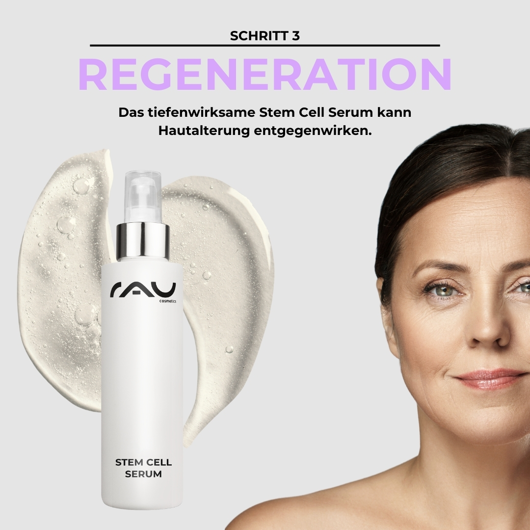 Advanced care routine for mature skin RAU Cosmetics Stem Cell Serum für Anti-Aging, speziell für Frauen mit reifer Haut, mit Schwerpunkt auf Regeneration und Hautpflegewirksamkeit.