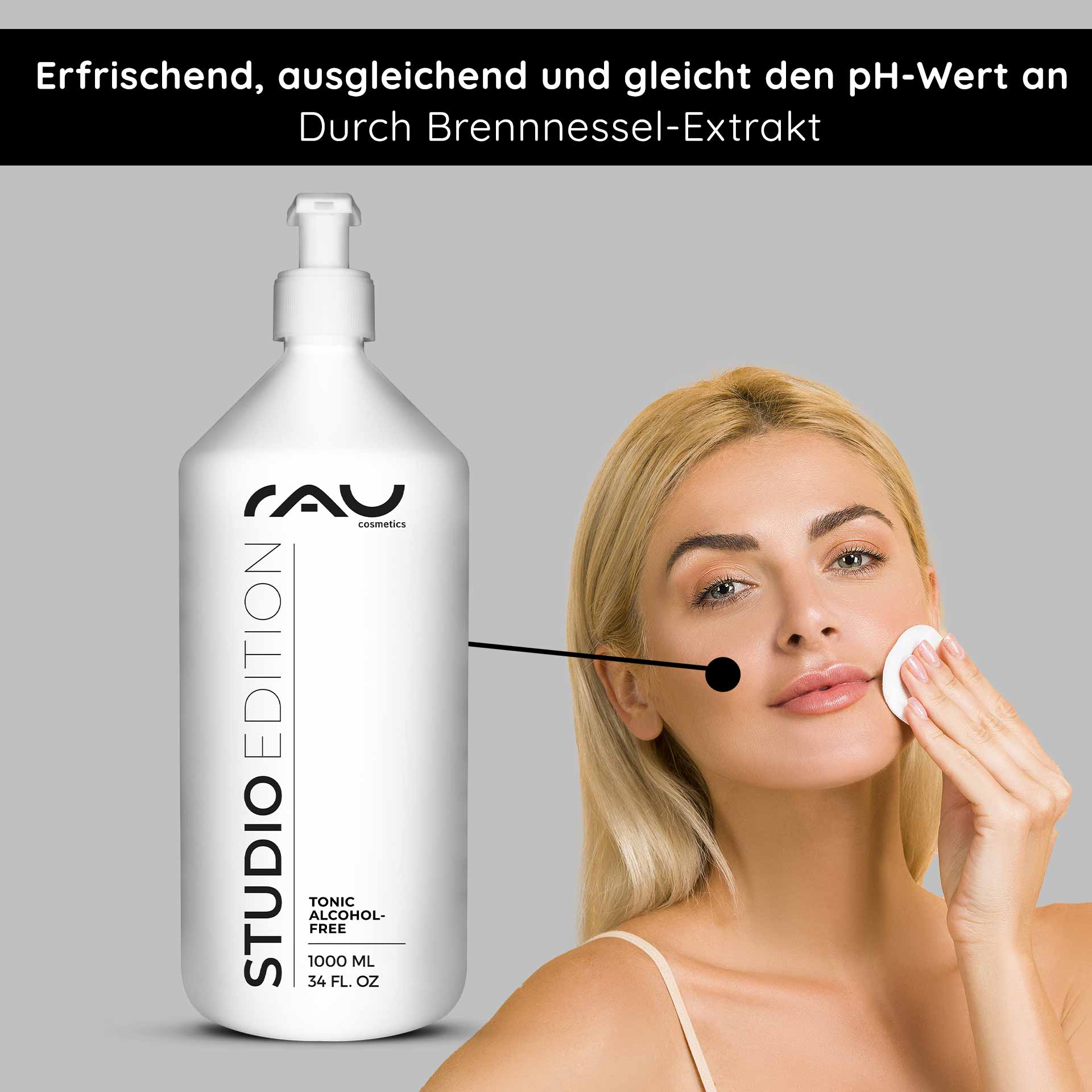 Tonic alcohol-free 1000 ml with nettle extract Alkoholfreies Gesichtstonic von RAU Cosmetics in 1000 ml Flasche, Anwendung auf empfindlicher Haut mit Brennnesselextrakt zur Porenverfeinerung und pH-Wert-Ausgleich.