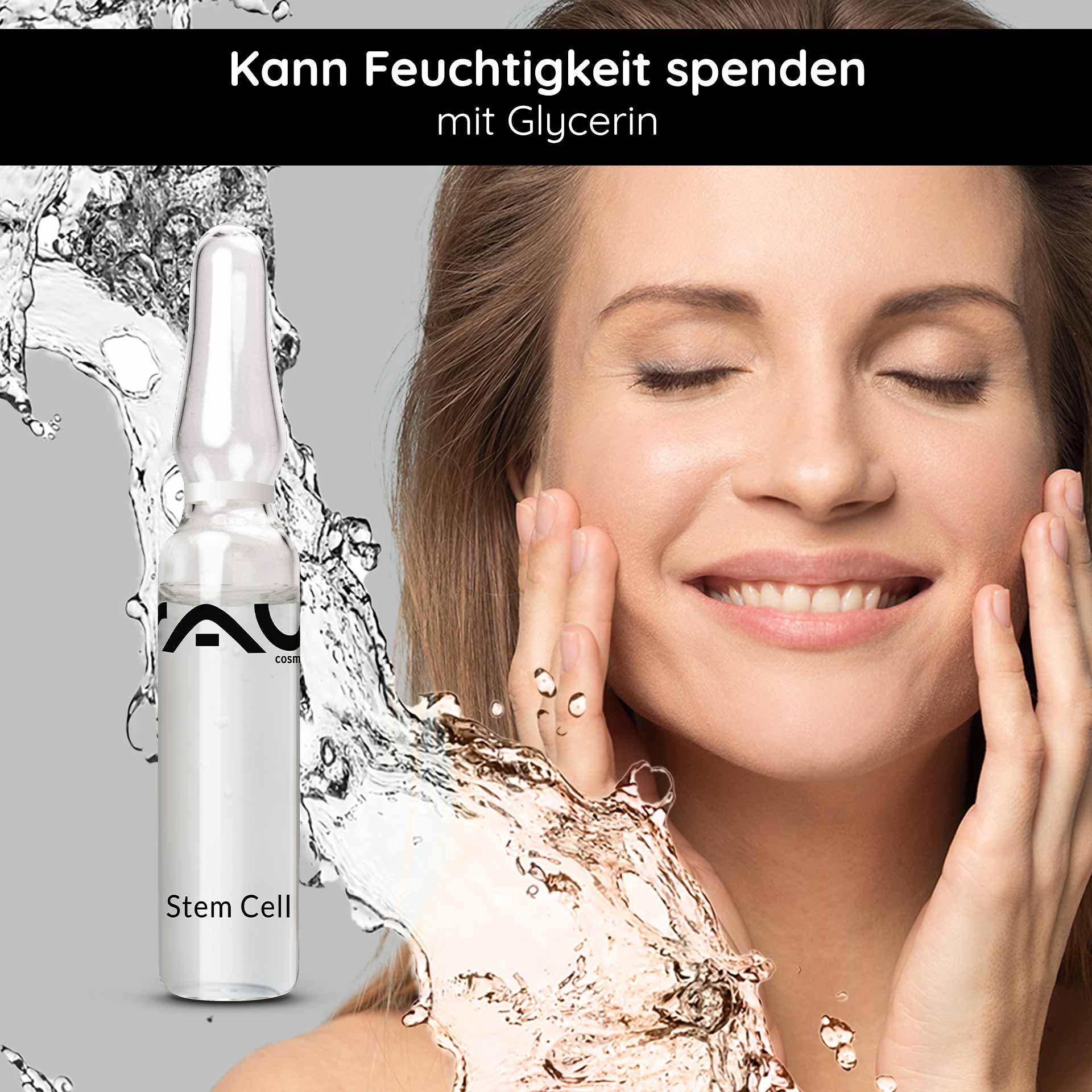 RAU Cosmetics Stammzellenampulle mit Glycerin, Frau trägt Serum auf ihr Gesicht auf und betont dabei die Feuchtigkeitsversorgung und die Anti-Aging-Wirkung.