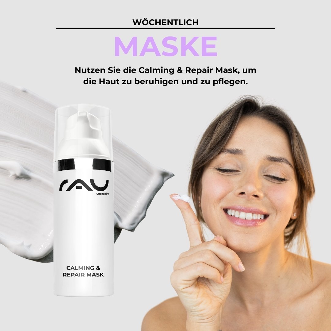 Calming & Repair Mask von RAU Cosmetics, Frau lächelt und cremt sich ein, Hautpflegeroutine für empfindliche Haut.
