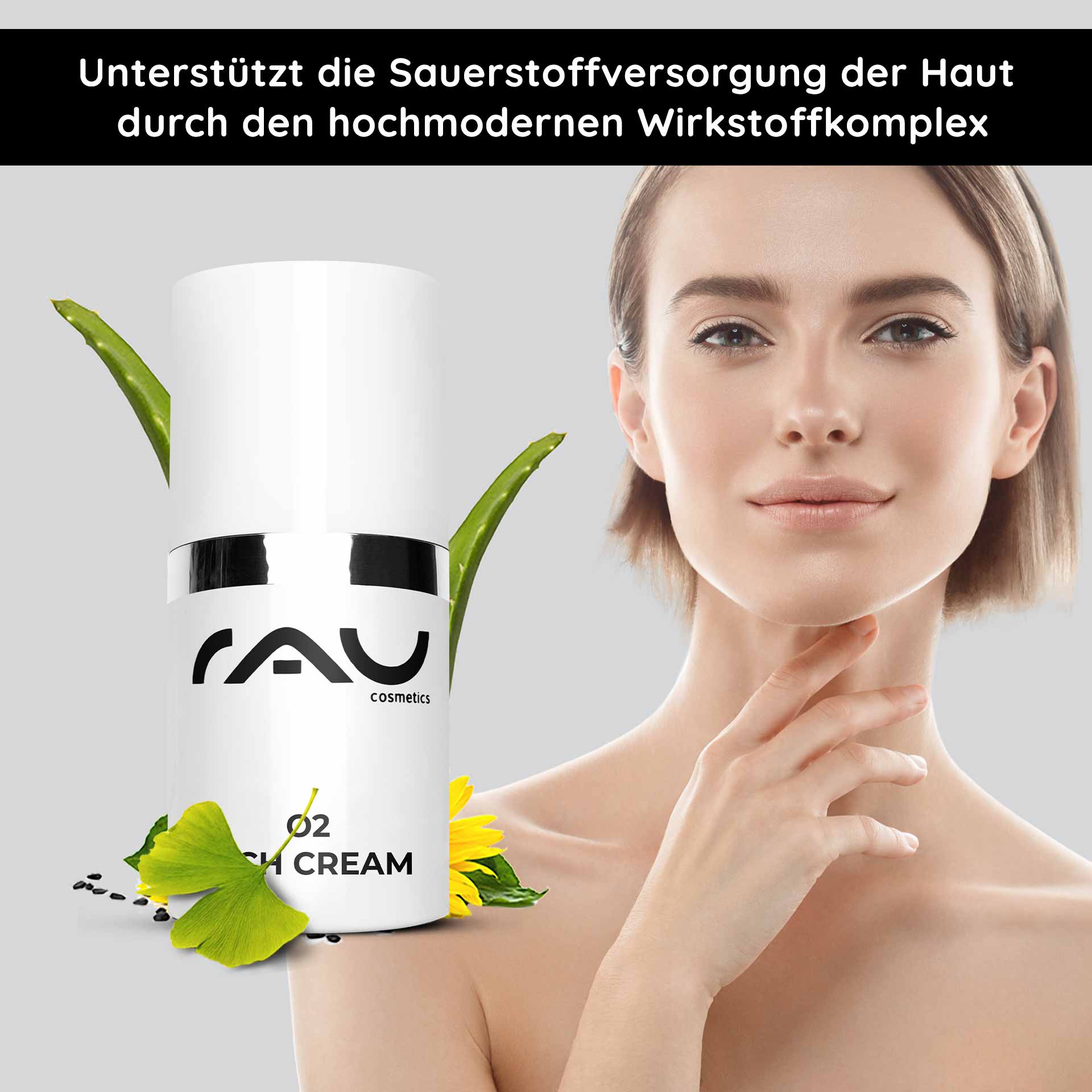 RAU O2 Rich Cream 15 ml - Reichhaltige Nachtcreme bei trockener Haut mit Gingko - Reisegrösse Gesicht, Kopf, Person, Flasche