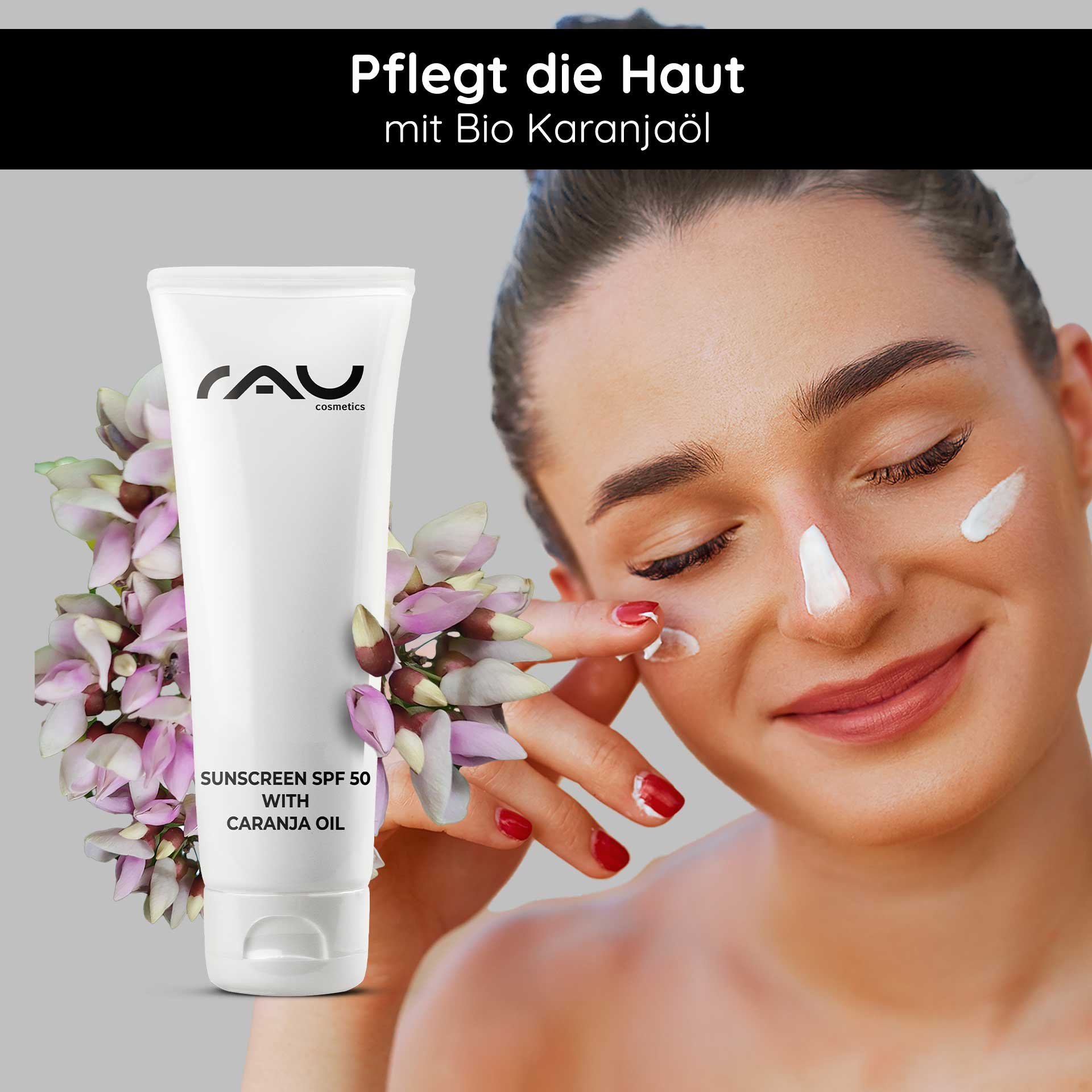 Sonnenschutz SPF 50 von RAU Cosmetics mit Bio Karanjaöl, Person trägt Creme auf das Gesicht auf, umgeben von Blüten.