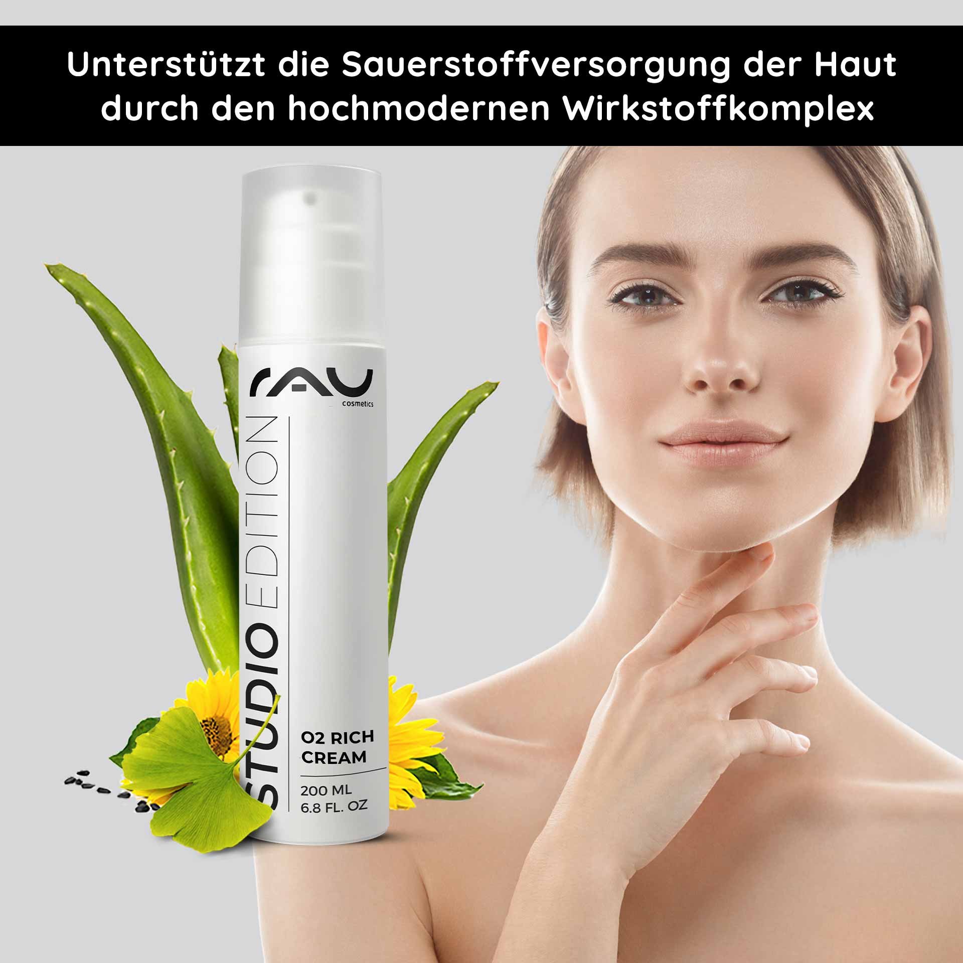 Bottle of O2 Rich Cream by RAU Cosmetics with aloe vera and sunflower elements, woman presenting healthy skin, promoting hydration and skin rejuvenation.