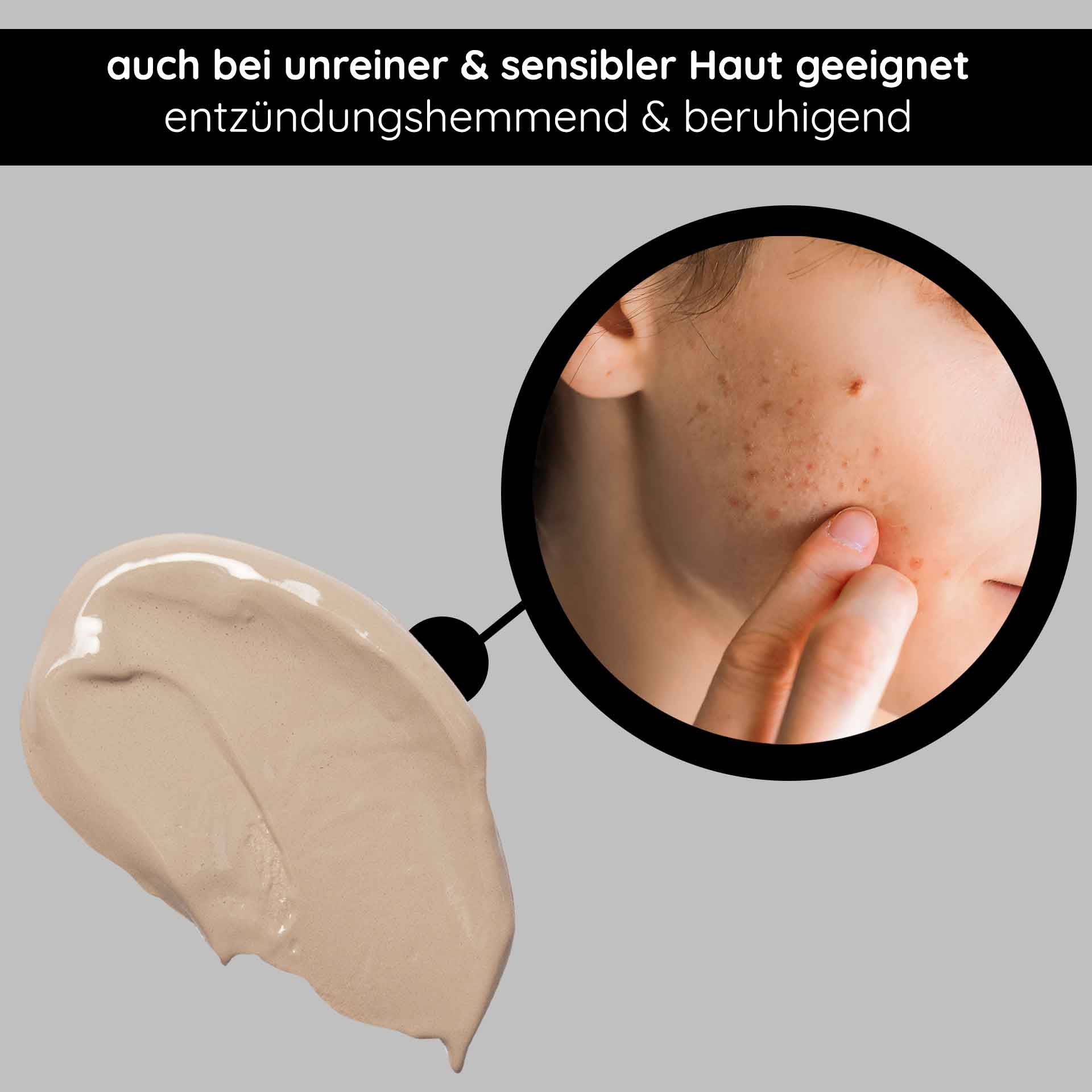 BB Cream Perfect Care Light 75 ml SPF12 Make-up & Care BB-Creme-Muster in hellem Farbton mit Nahaufnahme einer Hand, die sie auf empfindliche Haut aufträgt. Dabei wird ihre Eignung für unreine und empfindliche Haut sowie ihre beruhigenden und entzündungshemmenden Eigenschaften hervorgehoben.