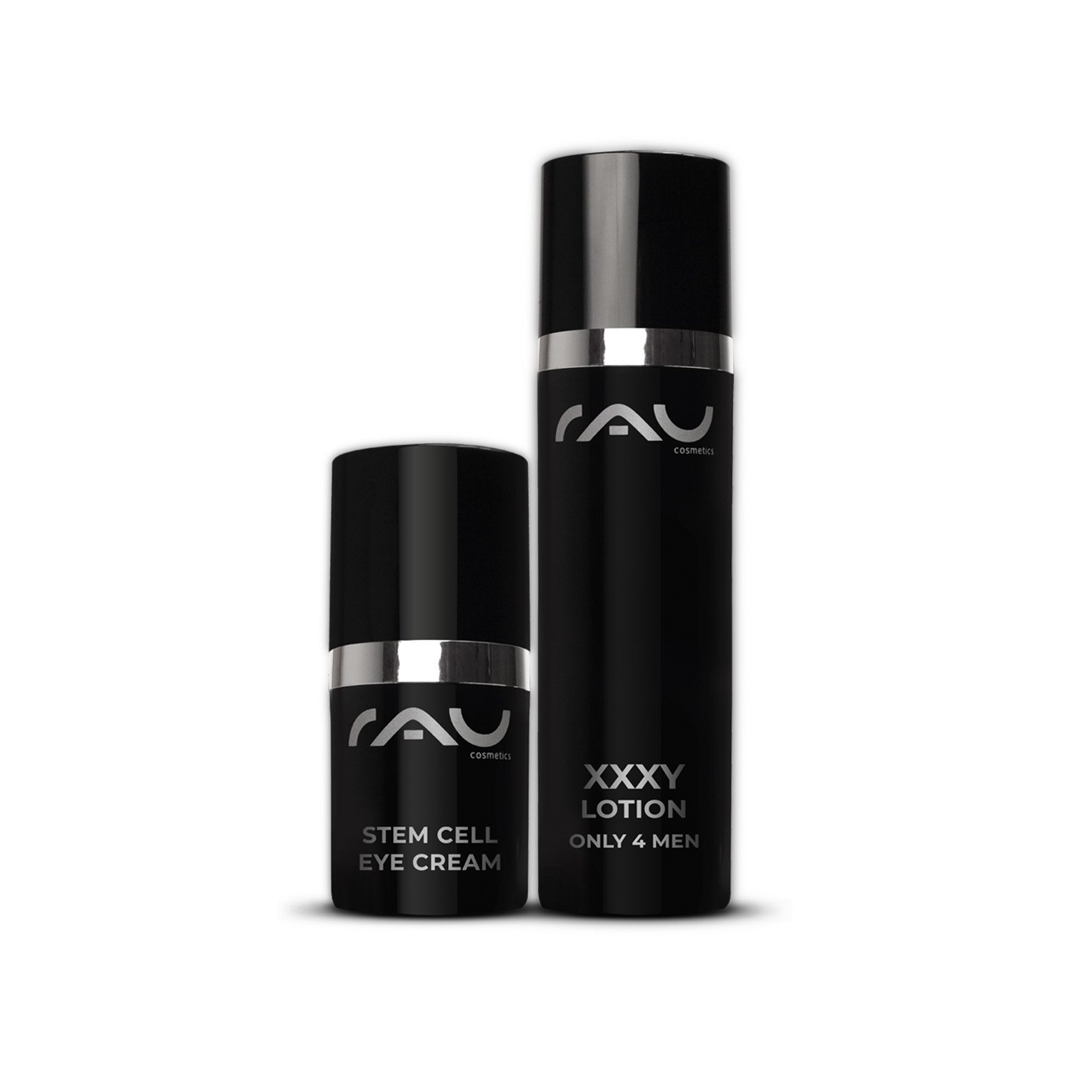 Magnesium Active Body Oil, XXXY Lotion, and Stem Cell Eye Cream by RAU Cosmetics presenting the essential skincare products for men for regeneration, hydration, and anti-aging.