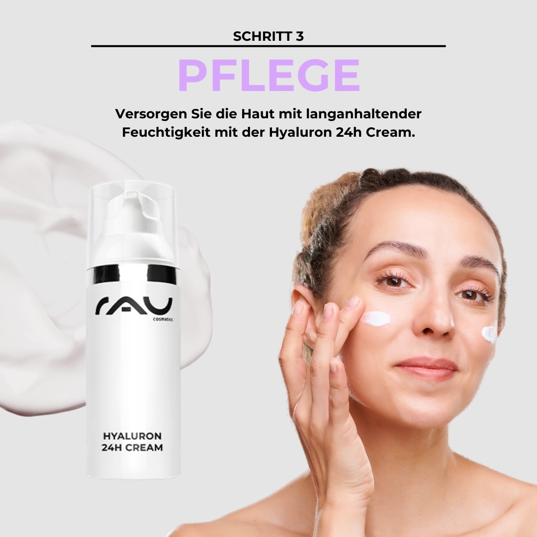 Basic care routine for dry skin Frau mit Hyaluron 24H Cream von RAU Cosmetics, die Feuchtigkeitscreme auf ihr Gesicht aufträgt, Schritt 3 der Basis Pflegeroutine für trockene Haut.