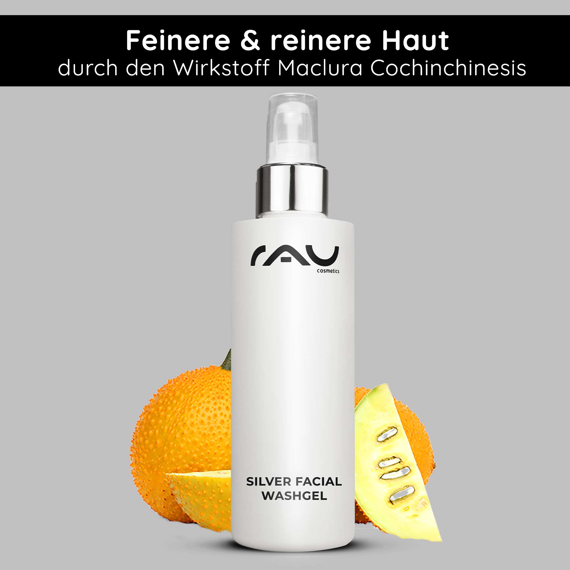 Silver Facial Washgel 200 ml Microsilver Cleanser Silberne Gesichtswaschgelflasche von RAU Cosmetics mit Mikrosilber, umgeben von Maclura Cochinensis-Früchten, die die Vorteile der Hautreinigung und -hydration betonen.