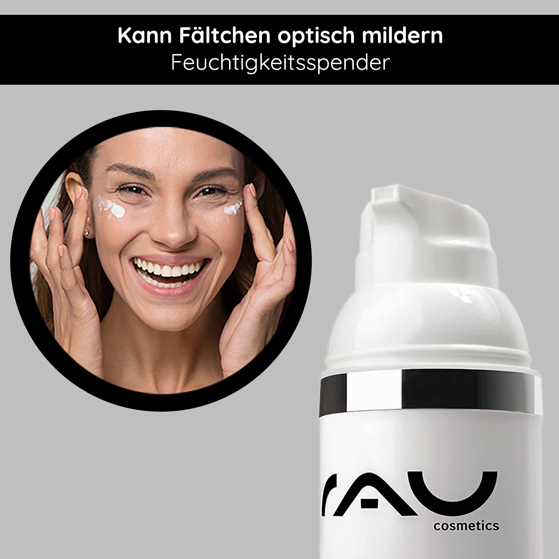 Anti-Aging Effect: Smiling woman with the Hyaluron Cream, highlighting moisturizing properties to reduce fine lines.