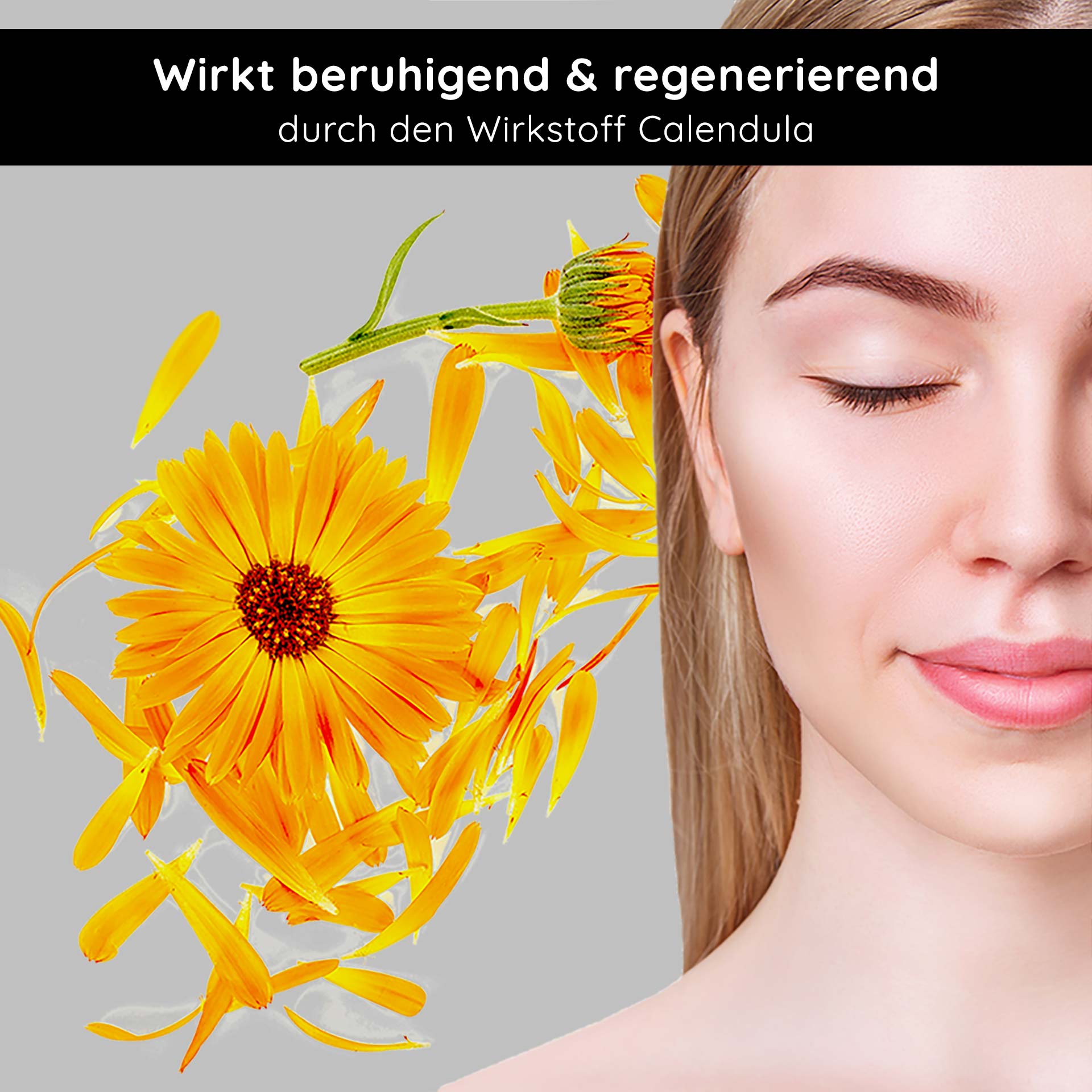 Anti Redness Couperose Serum 50 ml for Rosacea Frau mit geschlossenen Augen und sanftem Gesichtsausdruck, umgeben von Calendula-Blüten, betont die beruhigenden und regenerierenden Eigenschaften des Inhaltsstoffs für empfindliche Haut.