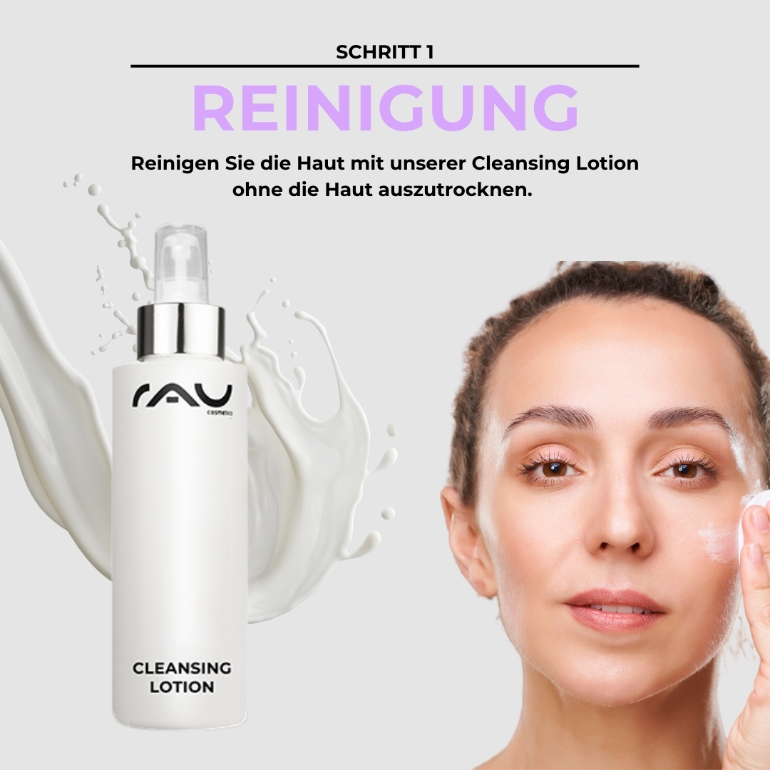 Basic care routine for dry skin Flasche mit Reinigungslotion von RAU Cosmetics mit einer Frau, die sie auf ihr Gesicht aufträgt, was den ersten Schritt in der grundlegenden Hautpflegeroutine für trockene Haut betont.