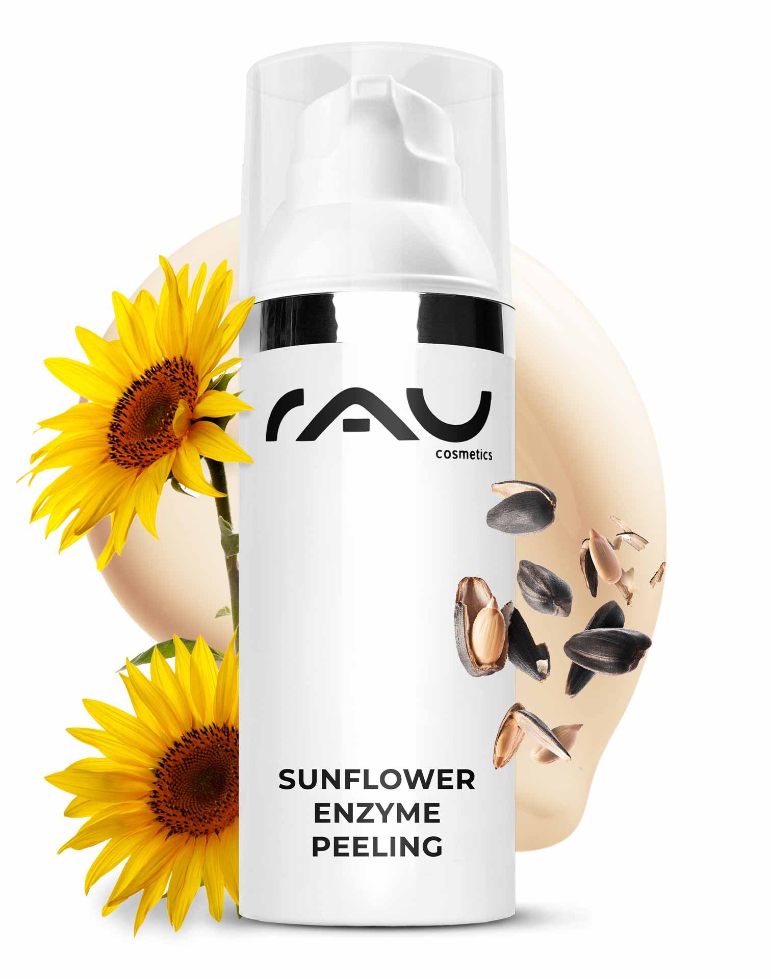 Packaging of the sunflower enzyme peeling with sunflower blossoms highlighting the product name and the benefits of enzymatic peeling for sensitive skin.