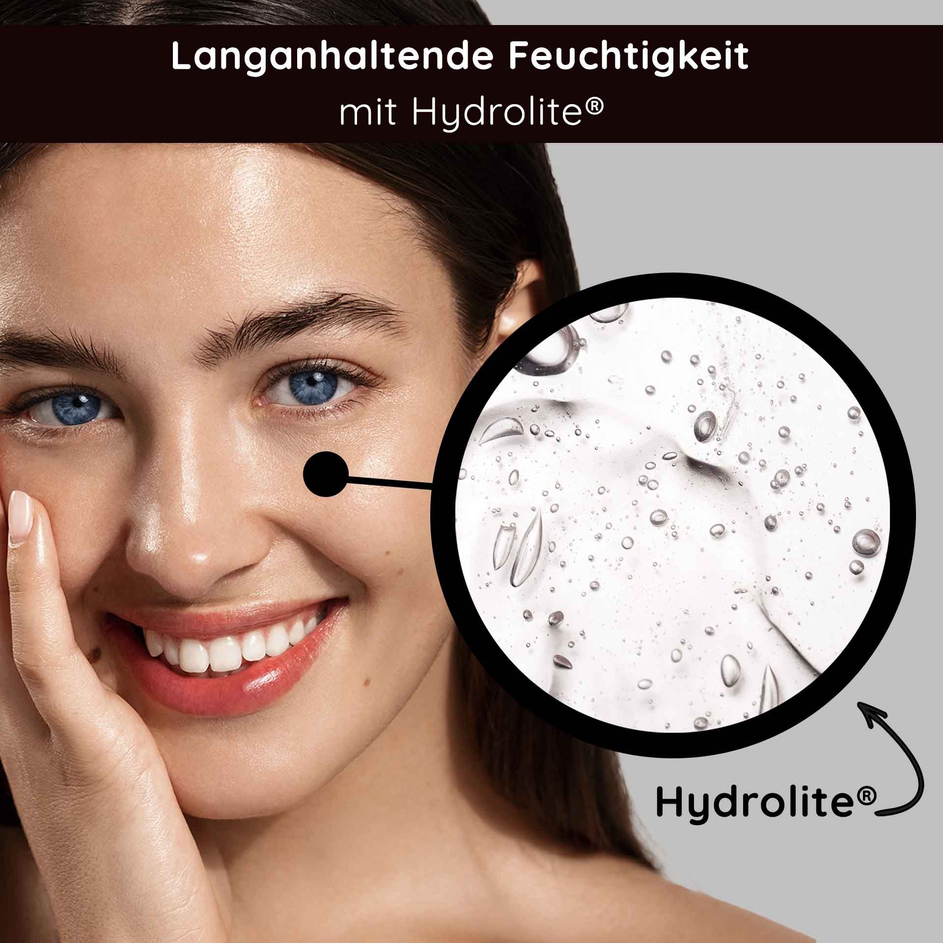 Smiling woman with radiant skin highlighting the benefits of long-lasting moisture with Hydrolite®, complemented by a close-up of moisturizing drops.