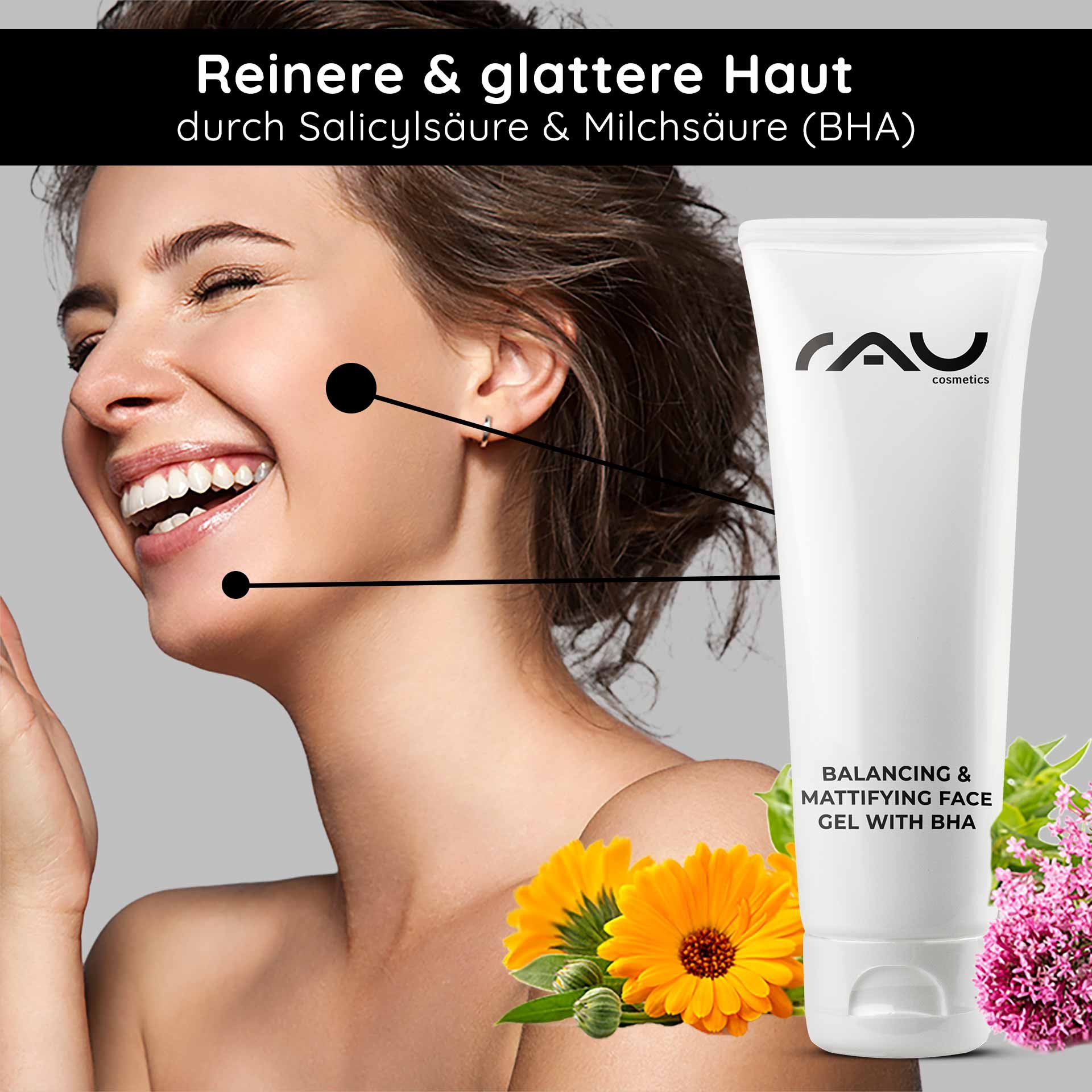 Woman with a radiant smile and smooth skin, presenting RAU Balancing & Mattifying Gel with BHA, surrounded by plant motifs emphasizing natural ingredients.