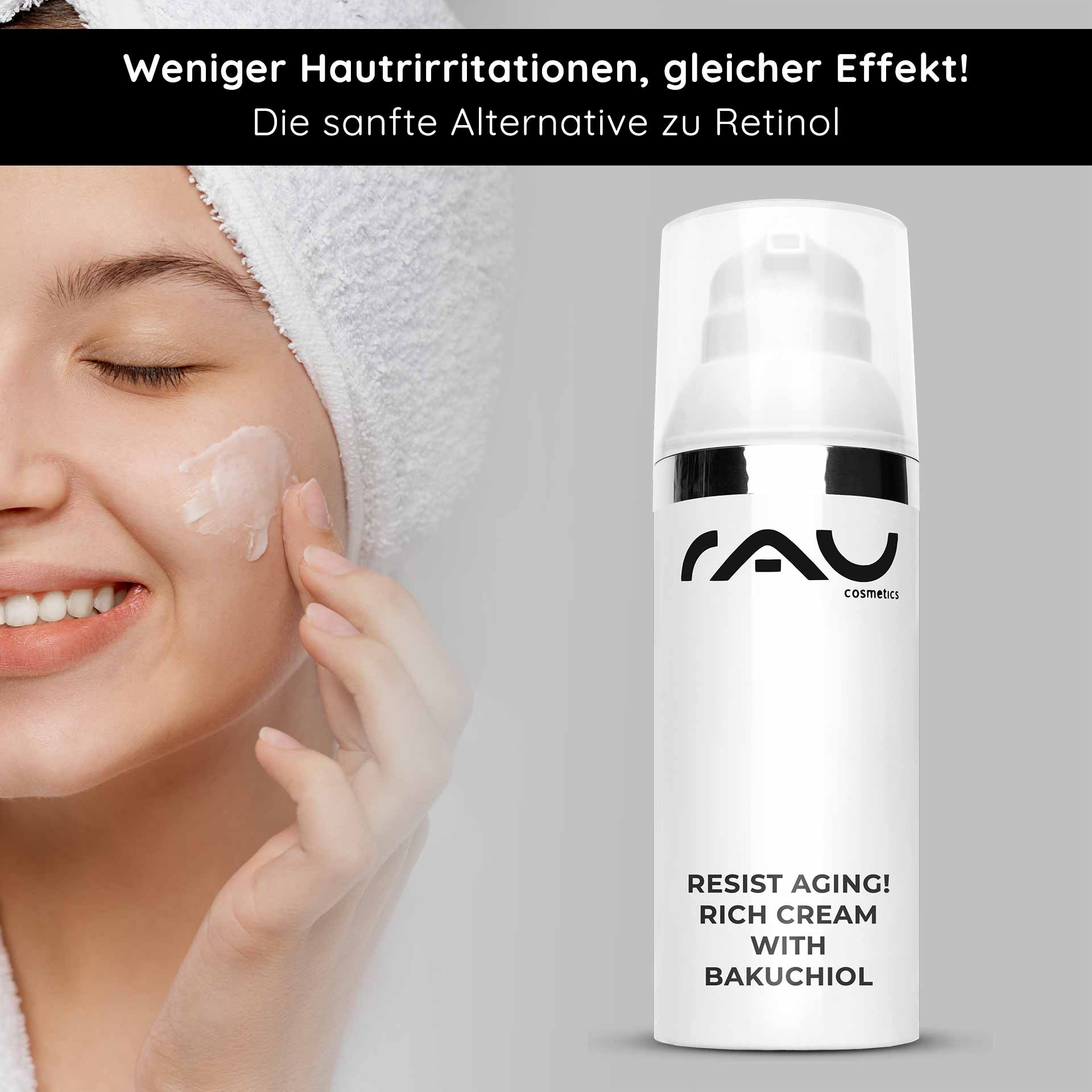 Resist aging! Rich Cream with Bakuchiol 50 ml Night Cream Frau mit Hand auf Wange, die RAU Cosmetics Resist Aging Rich Cream mit Bakuchiol aufträgt, betont sanfte Alternative zu Retinol für Hautpflege und Anti-Aging.