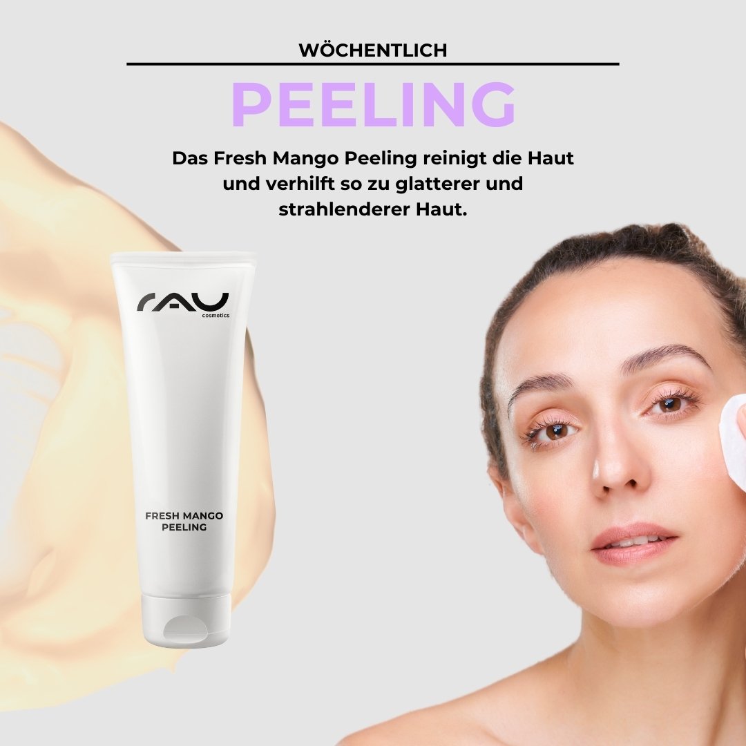 RAU Cosmetics Profi-Pflegeroutine für trockene Haut – Enzympeeling mit Shea Butter und Squalane für sanfte Zellerneuerung und Feuchtigkeitsversorgung.