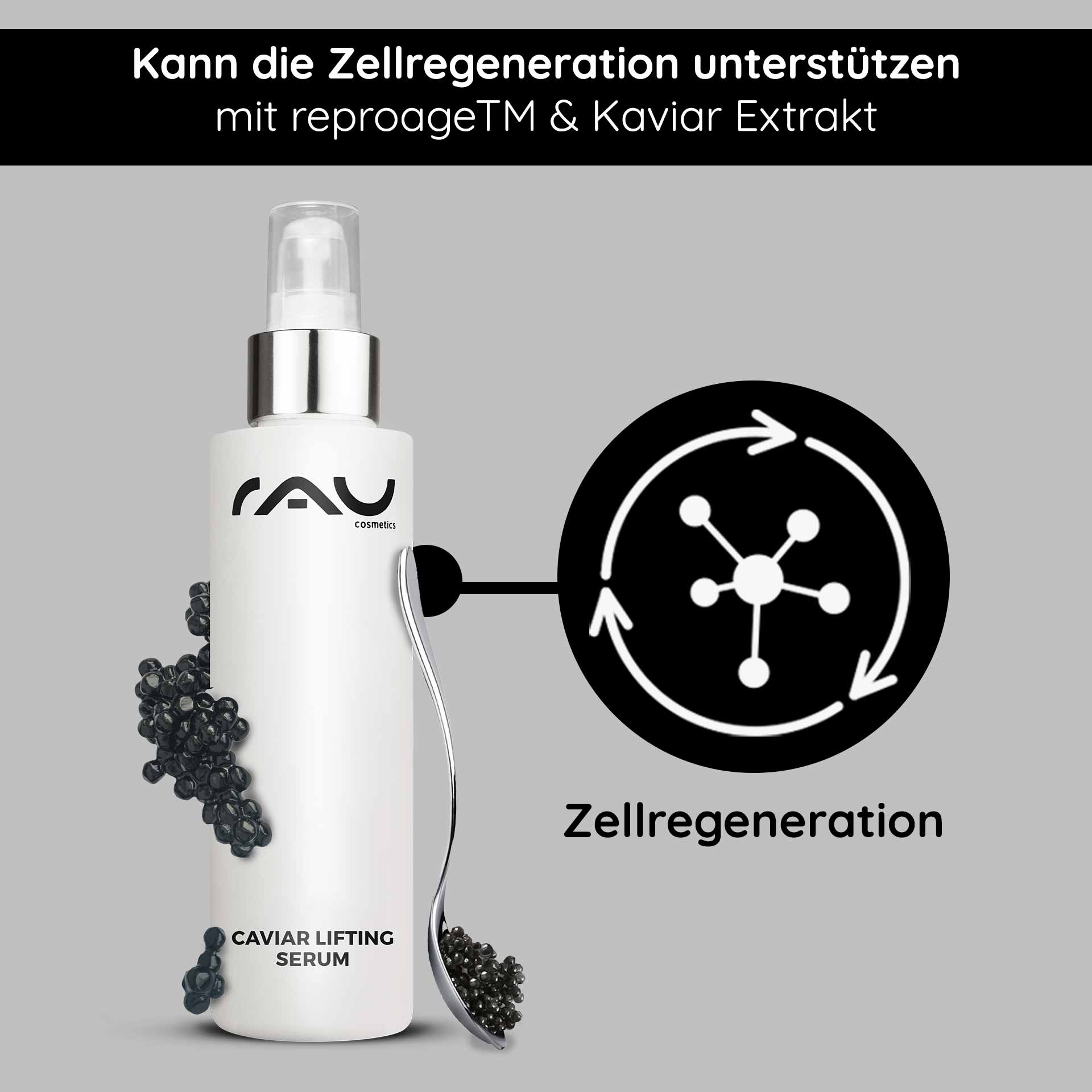 Caviar Lifting Serum 100 ml with Reproage & Caviar Extract Caviar Lifting Serum von RAU Cosmetics mit Kaviarextrakt und reproageTM, fördert die Zellregeneration, präsentiert in eleganter Flasche mit Applikator.