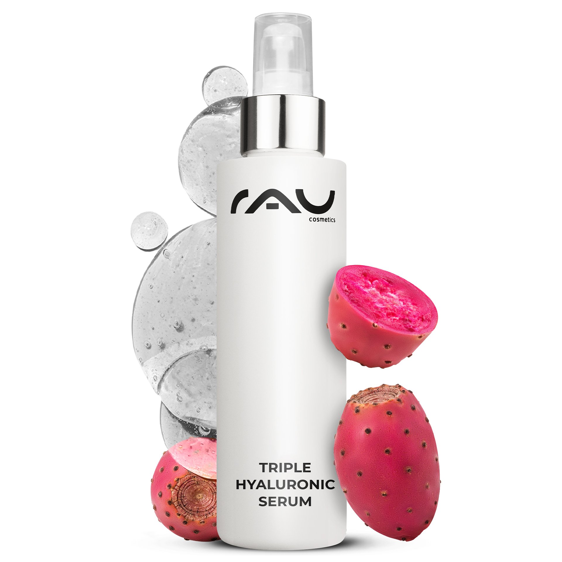 100ml amber glass bottle with pipette, RAU Cosmetics Triple Hyaluronic Serum.