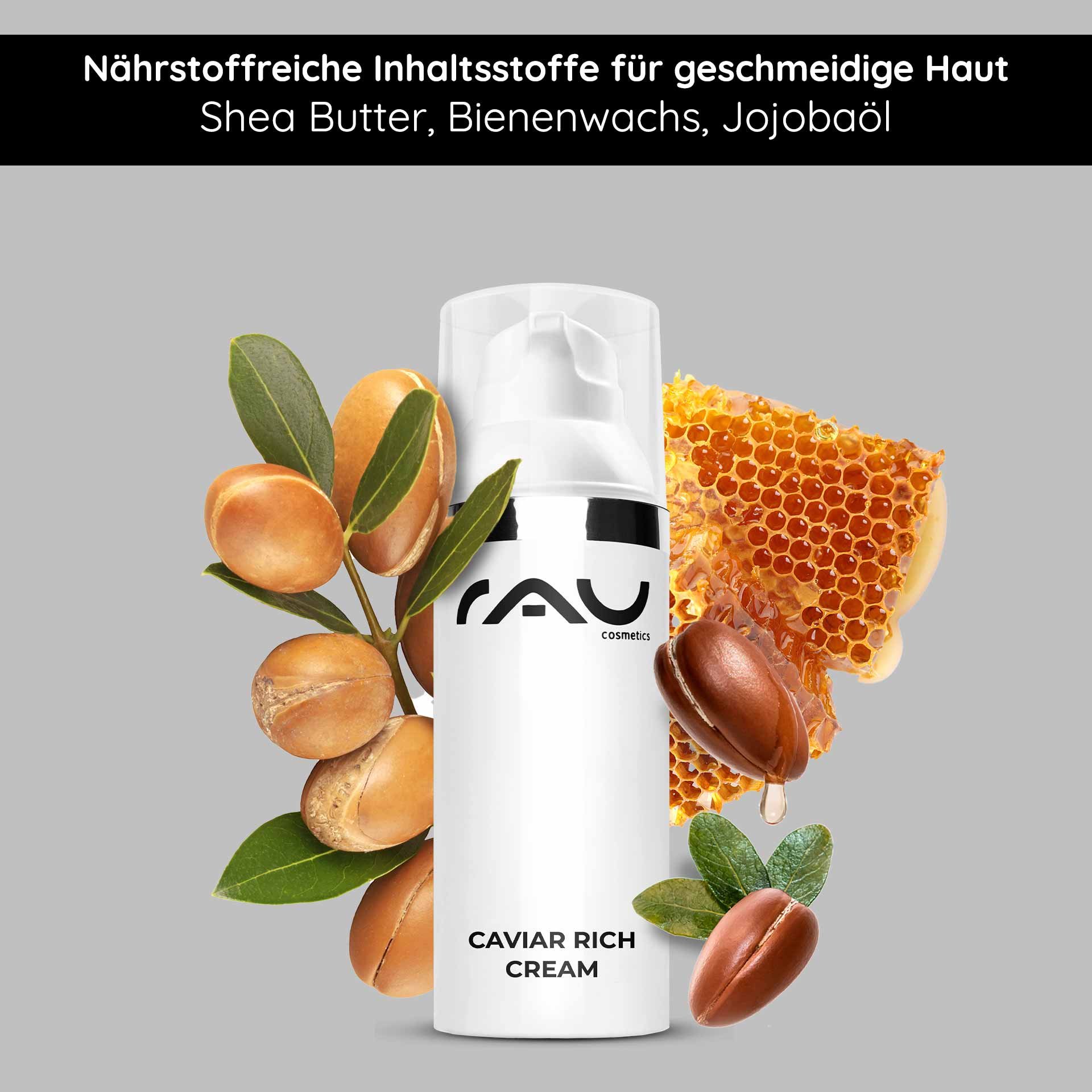 Caviar Rich Cream by RAU Cosmetics with nourishing ingredients like shea butter, beeswax, and jojoba oil for smooth and hydrated skin.