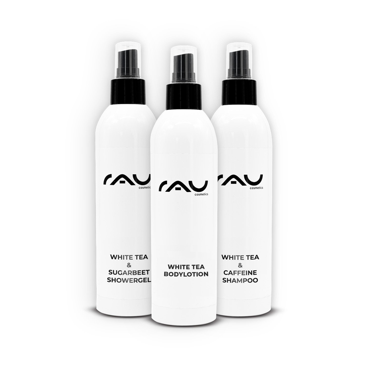 Three bottles by RAU Cosmetics featuring White Tea & Sugar Beet Shower Gel, White Tea Body Lotion, and White Tea & Caffeine Shampoo, presented as part of the "White Tea Love" bundle for luxurious skin and hair care.