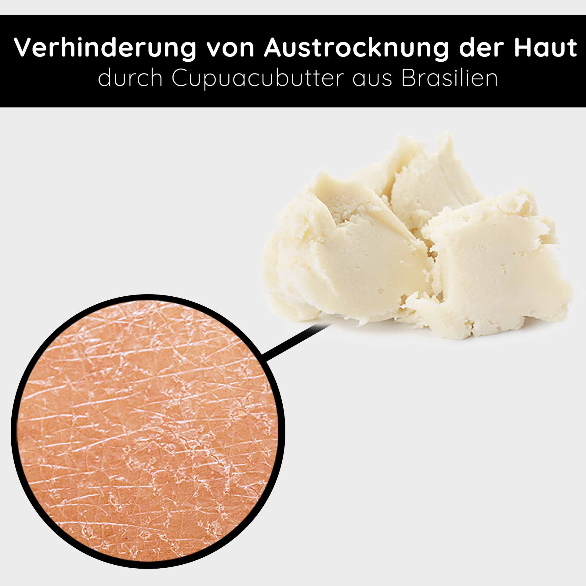 Beyond Moisturizing 24h Cream 50 ml Natural Cosmetics Cream Cupuacu-Butter aus Brasilien beugt trockener Haut vor, mit Nahaufnahme der trockenen Hautstruktur.