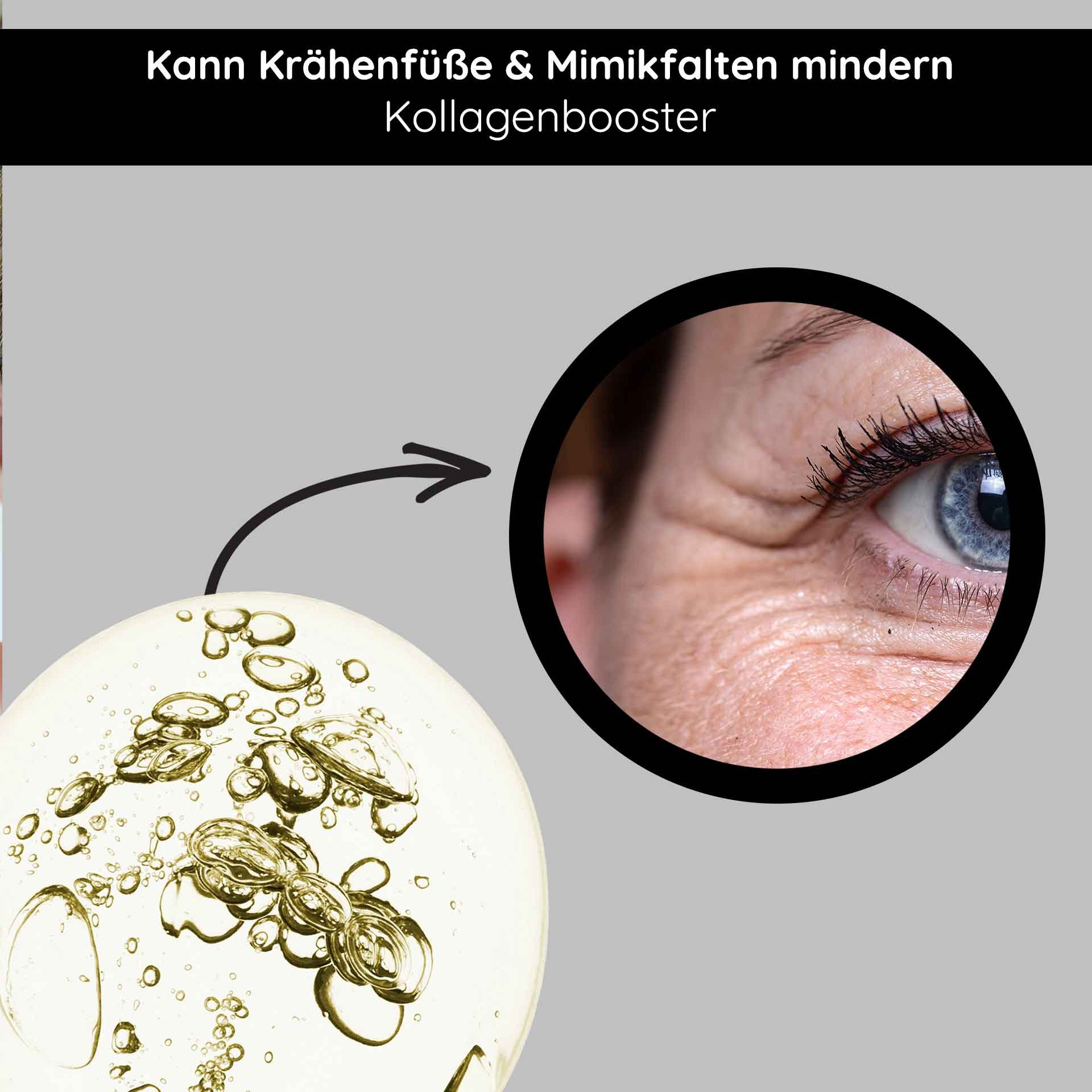 Collagen booster product illustration with oil bubbles and a close-up of an eye showing wrinkles, to promote the reduction of crow's feet and expression lines.