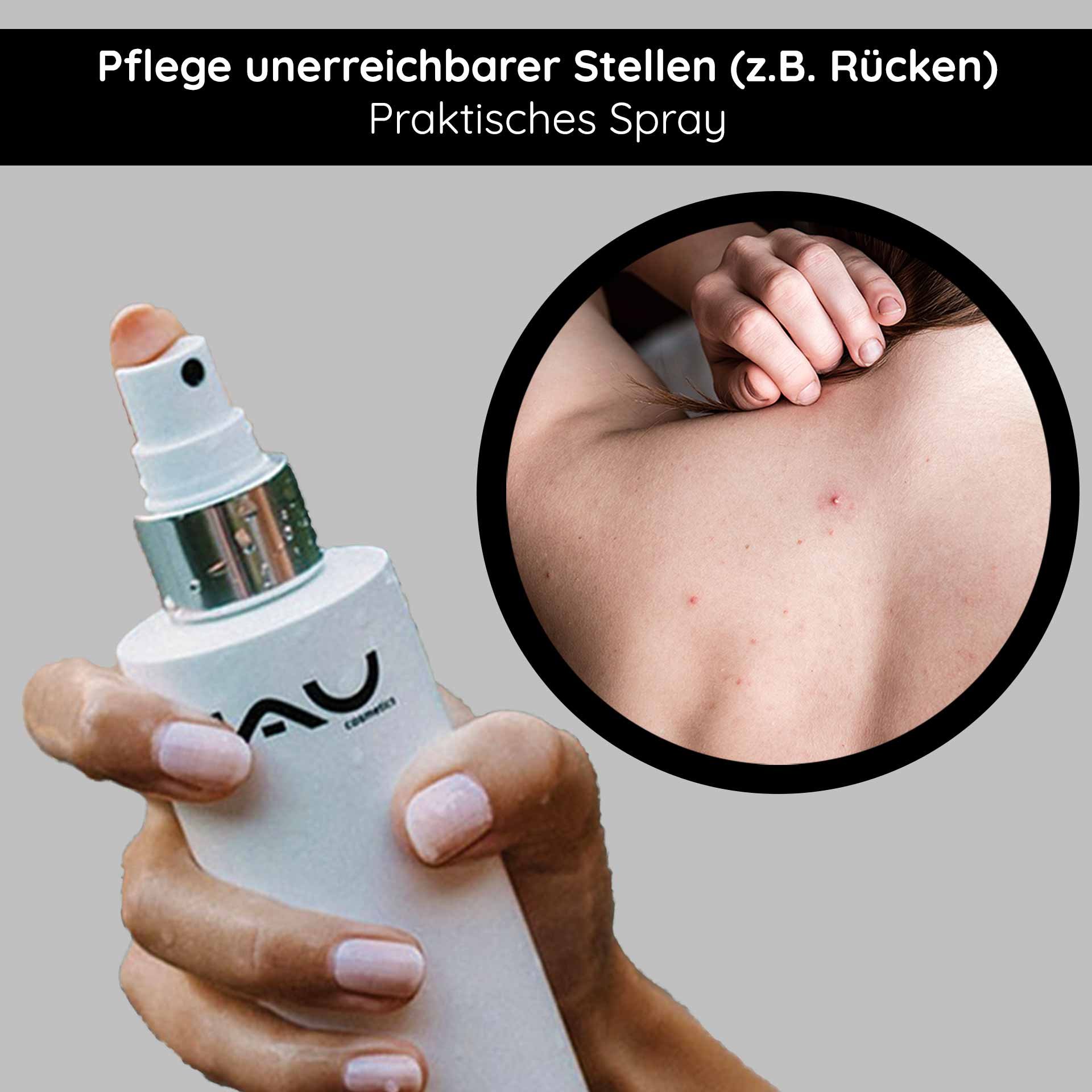 Application of the Silver Face and Body Spray on the body, practical touch-free care also for the back.
