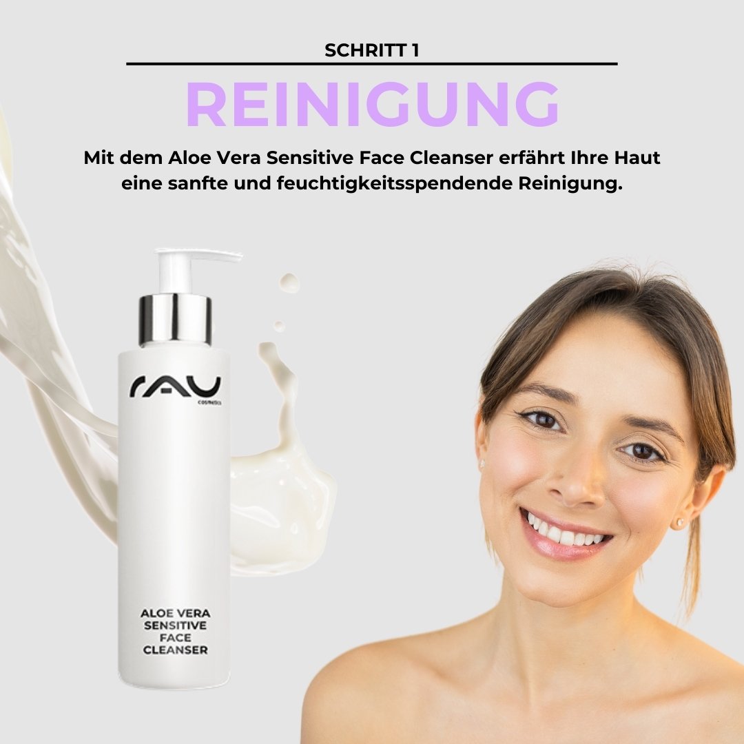Aloe Vera Sensitive Face Cleanser von RAU Cosmetics mit einer lächelnden Frau, die die sanfte und feuchtigkeitsspendende Reinigung für empfindliche Haut hervorhebt.