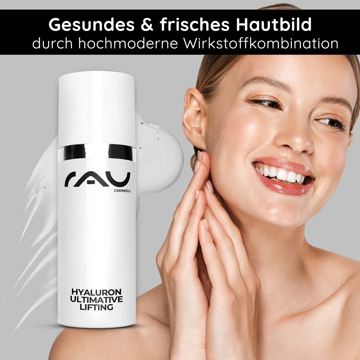 Hyaluron Ultimate Lifting 50 ml Hyaluron Lifting Gel Hyaluron Ultimative Lifting Gel von RAU Cosmetics, zeigt eine lächelnde Frau bei der Hautpflege und fördert durch eine fortschrittliche Kombination von Inhaltsstoffen eine gesunde und frische Haut.