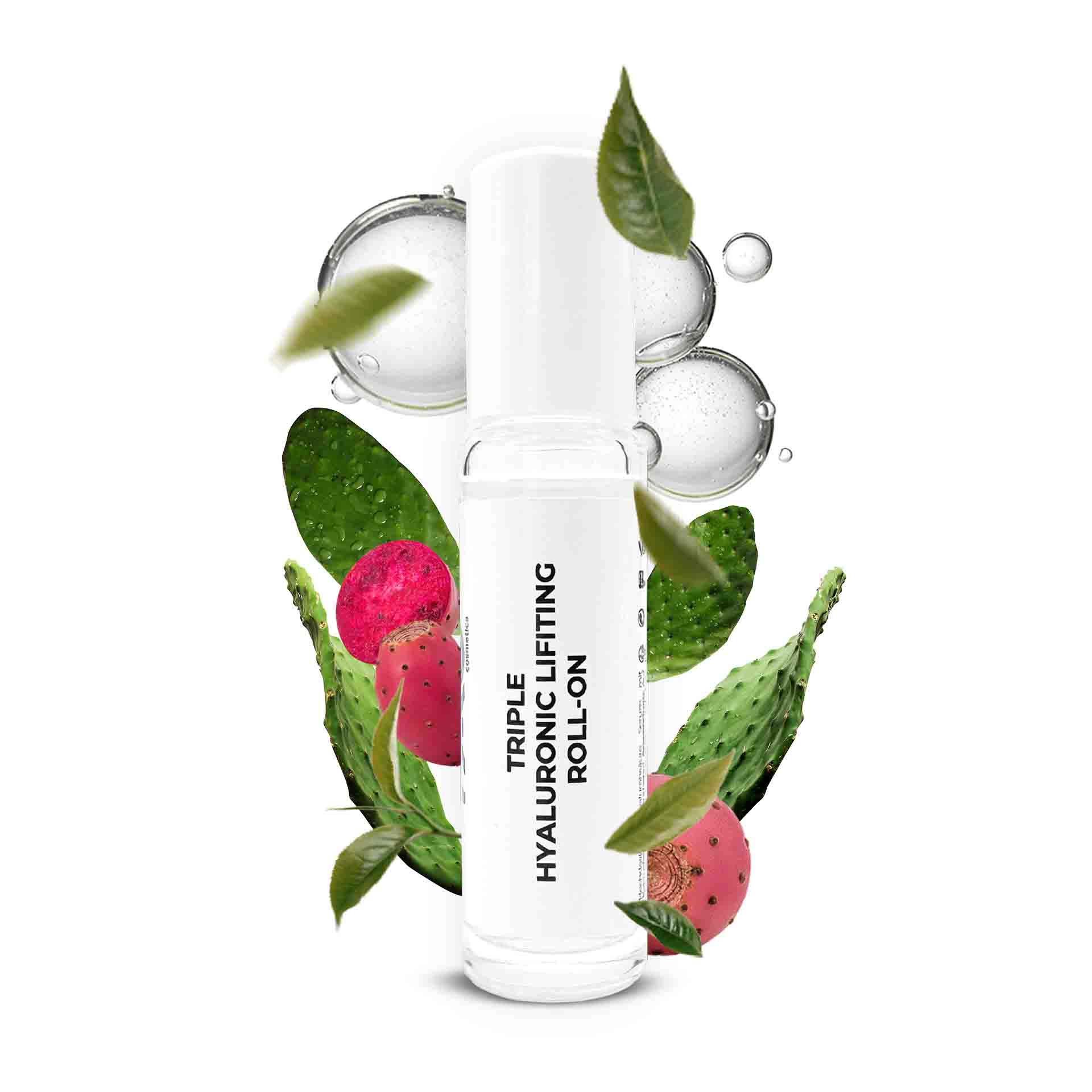 Triple Hyaluronic Serum Roll-On 10 ml with triple hyaluronic acids Dreifach-Hyaluron-Lifting-Roll-On-Serum mit Kaktusextrakt und drei Hyaluronsäurearten, umgeben von grünen Blättern und rosa Kaktusfrüchten, für tiefe Feuchtigkeitsversorgung und Anti-Aging-Vorteile.